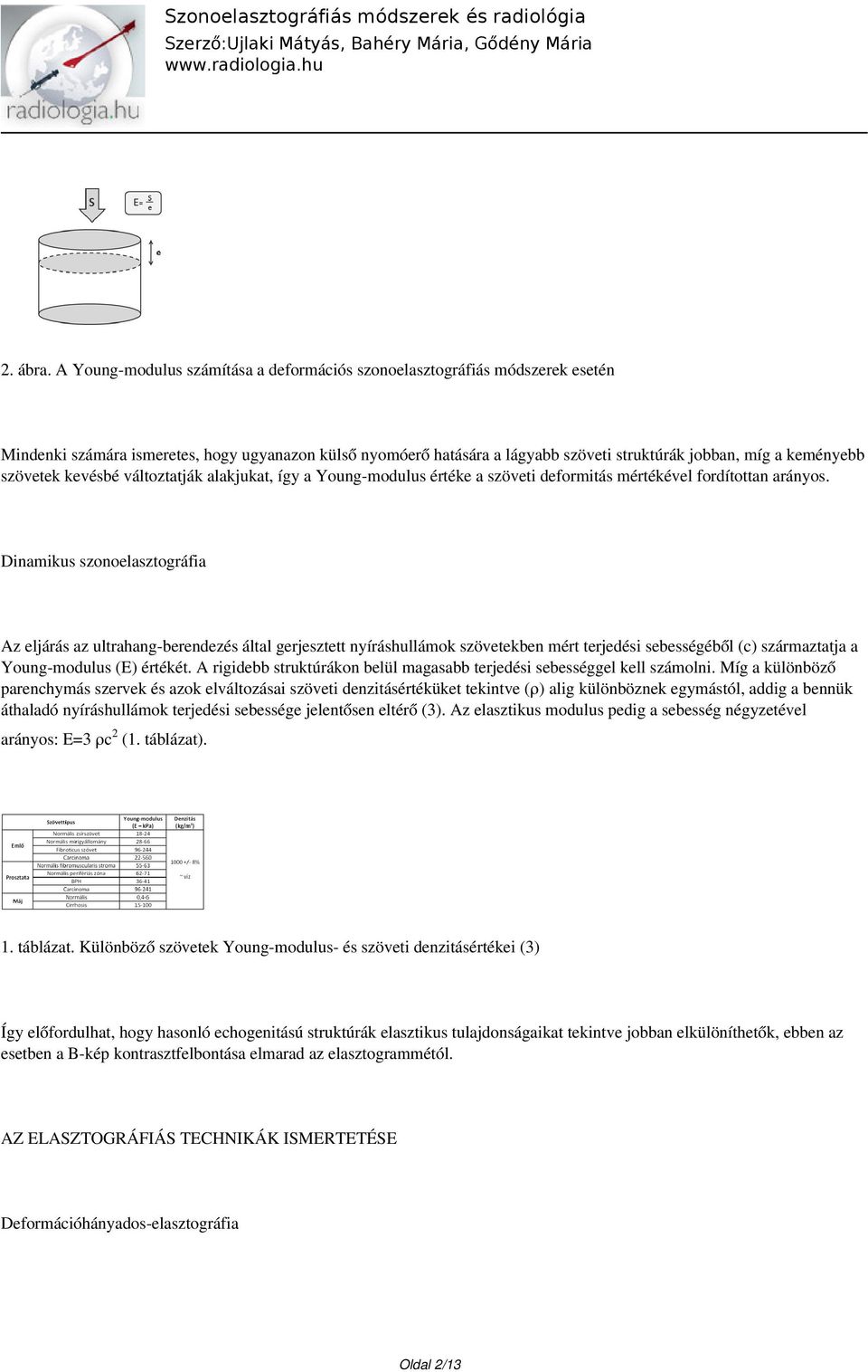 szövetek kevésbé változtatják alakjukat, így a Young-modulus értéke a szöveti deformitás mértékével fordítottan arányos.