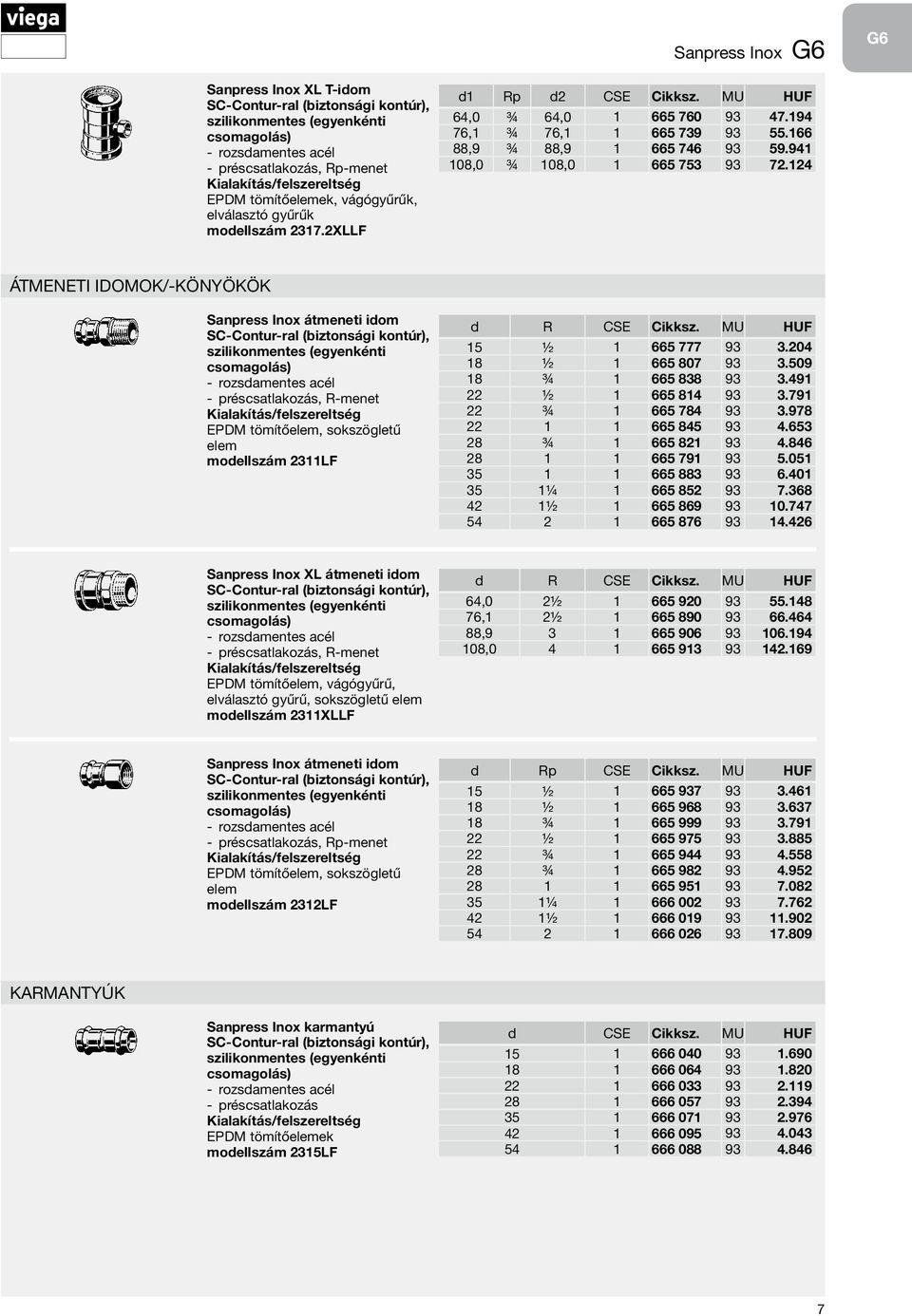 124 Átmeneti idomok/-könyökök Sanpress Inox átmeneti idom préscsatlakozás, R-menet EPDM tömítőelem, sokszögletű elem modellszám 2311LF d R CSE Cikksz. MU HUF 15 ½ 1 665 777 93 3.