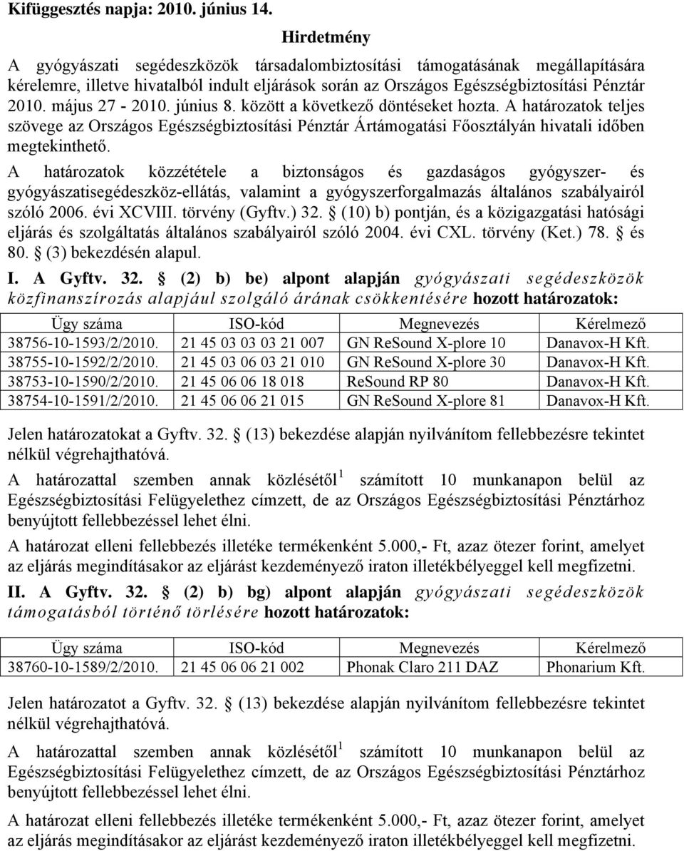 május 27-2010. június 8. között a következő döntéseket hozta. A határozatok teljes szövege az Országos Egészségbiztosítási Pénztár Ártámogatási Főosztályán hivatali időben megtekinthető.