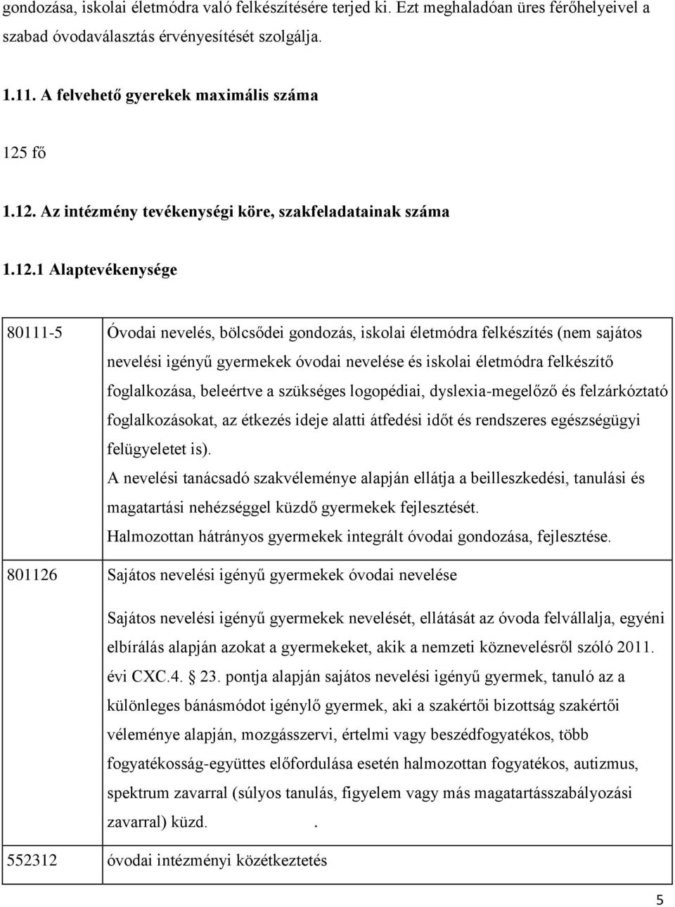 Az intézmény tevékenységi köre, szakfeladatainak száma 1.12.