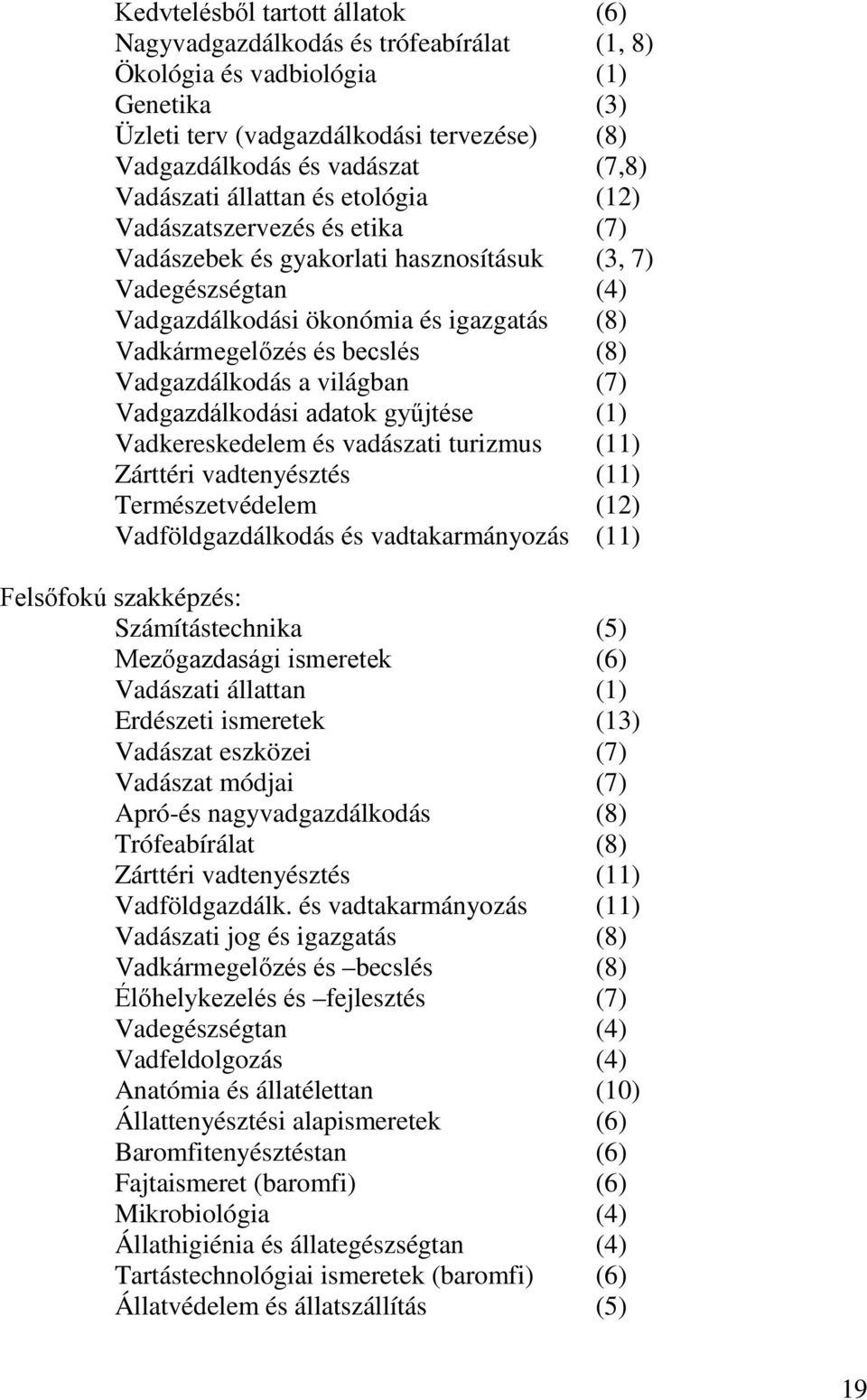becslés (8) Vadgazdálkodás a világban (7) Vadgazdálkodási adatok gyűjtése (1) Vadkereskedelem és vadászati turizmus (11) Zárttéri vadtenyésztés (11) Természetvédelem (12) Vadföldgazdálkodás és