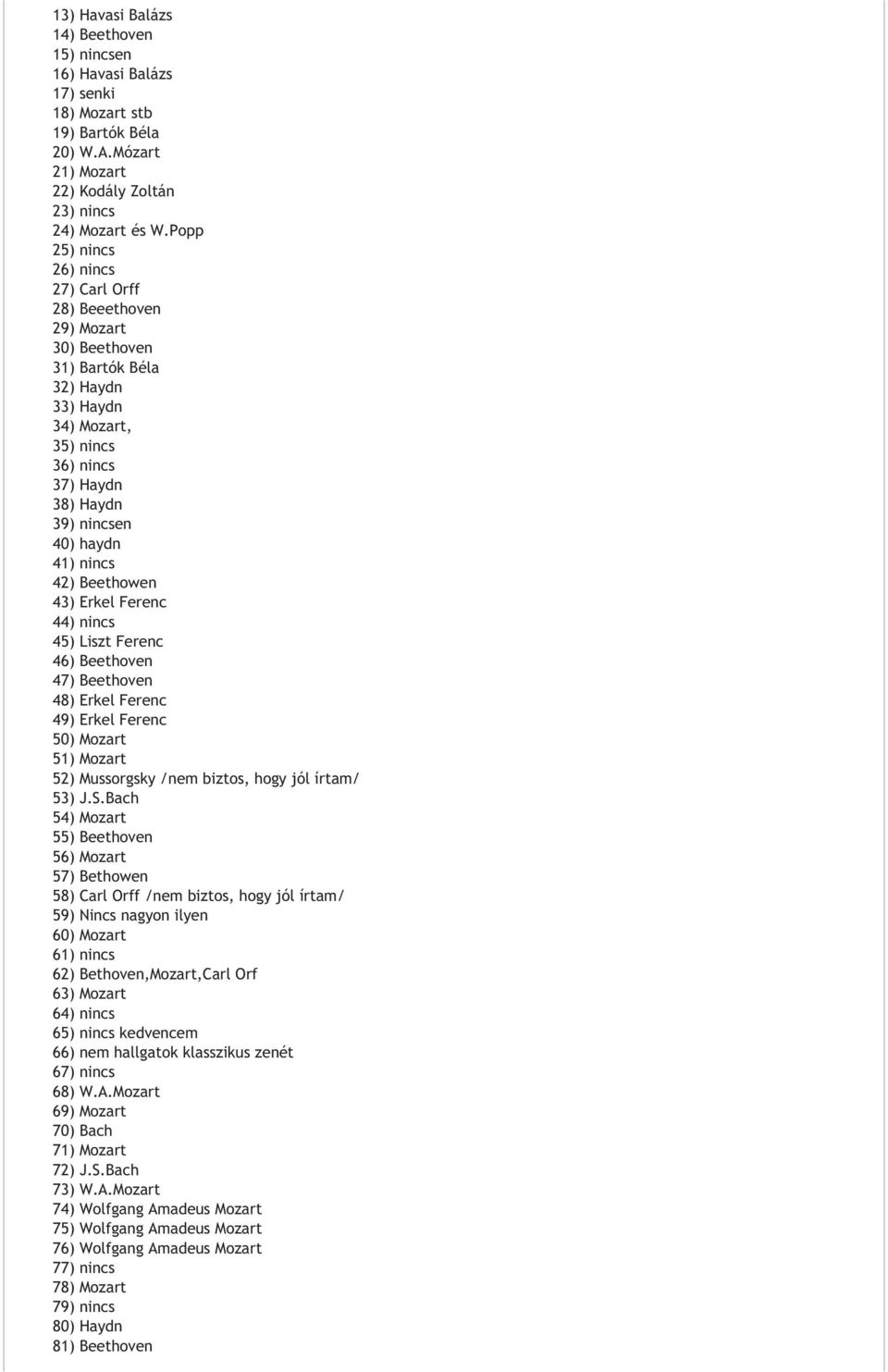 42) Beethowen 43) Erkel Ferenc 44) nincs 45) Liszt Ferenc 46) Beethoven 47) Beethoven 48) Erkel Ferenc 49) Erkel Ferenc 50) Mozart 51) Mozart 52) Mussorgsky /nem biztos, hogy jól írtam/ 53) J.S.