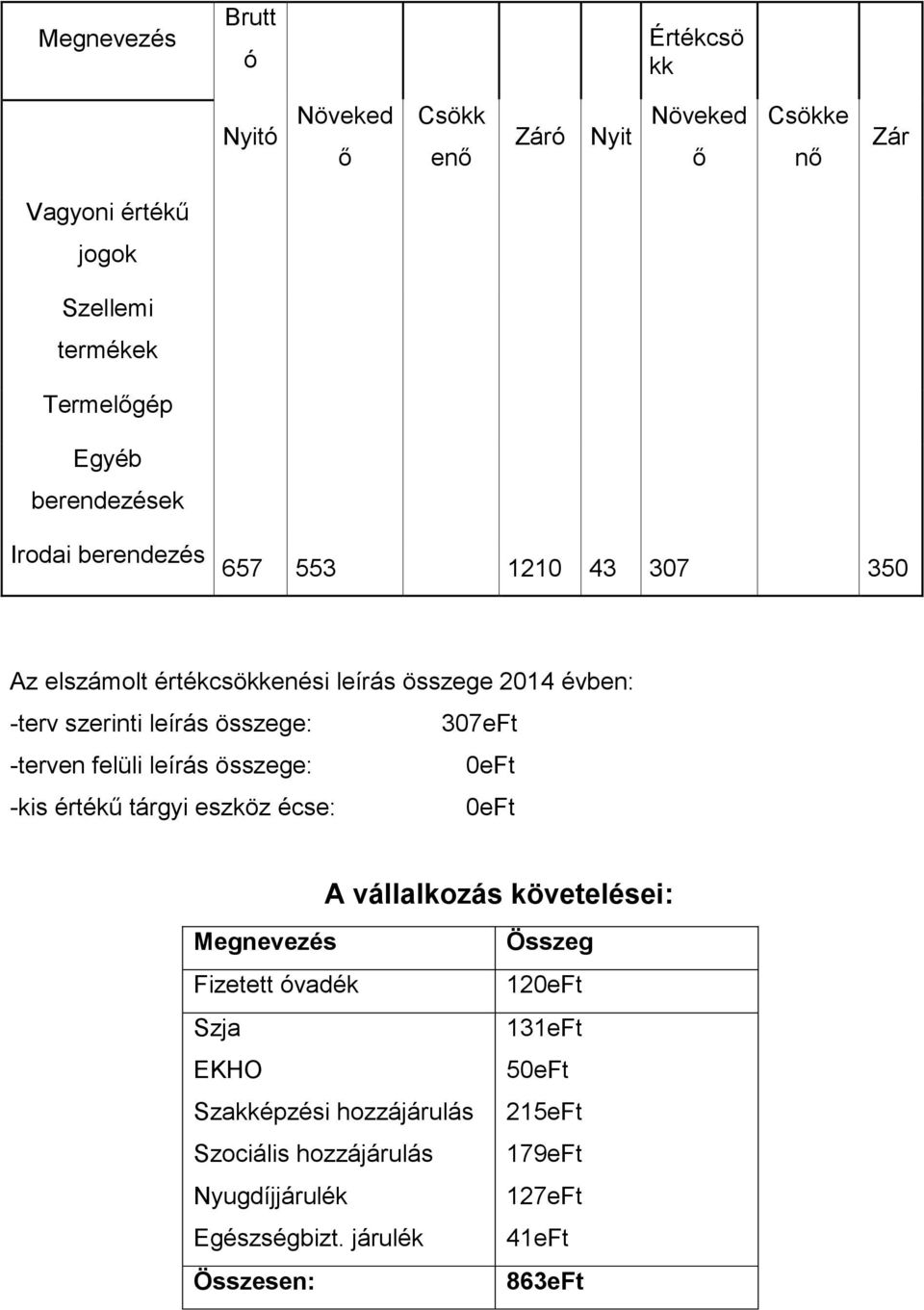 összege: 307eFt -terven felüli leírás összege: 0eFt -kis értékű tárgyi eszköz écse: 0eFt A vállalkozás követelései: Megnevezés Fizetett óvadék