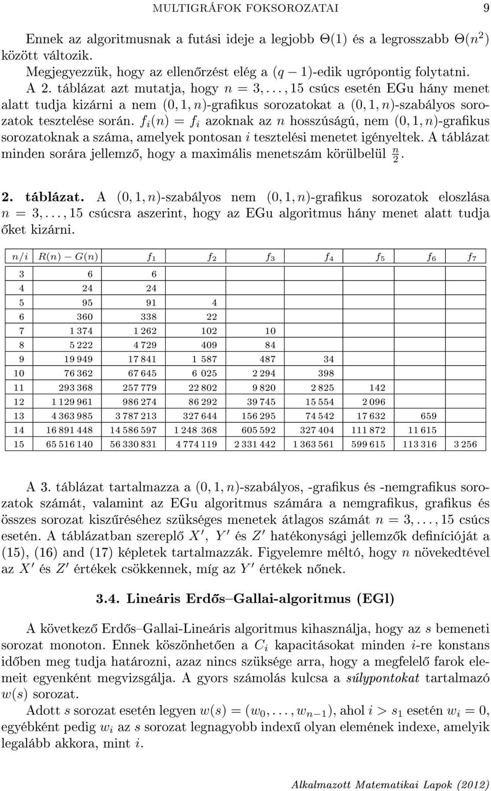 f i (n) = f i azoknak az n hosszúságú, nem (0, 1, n)-grakus sorozatoknak a száma, amelyek pontosan i tesztelési menetet igényeltek.