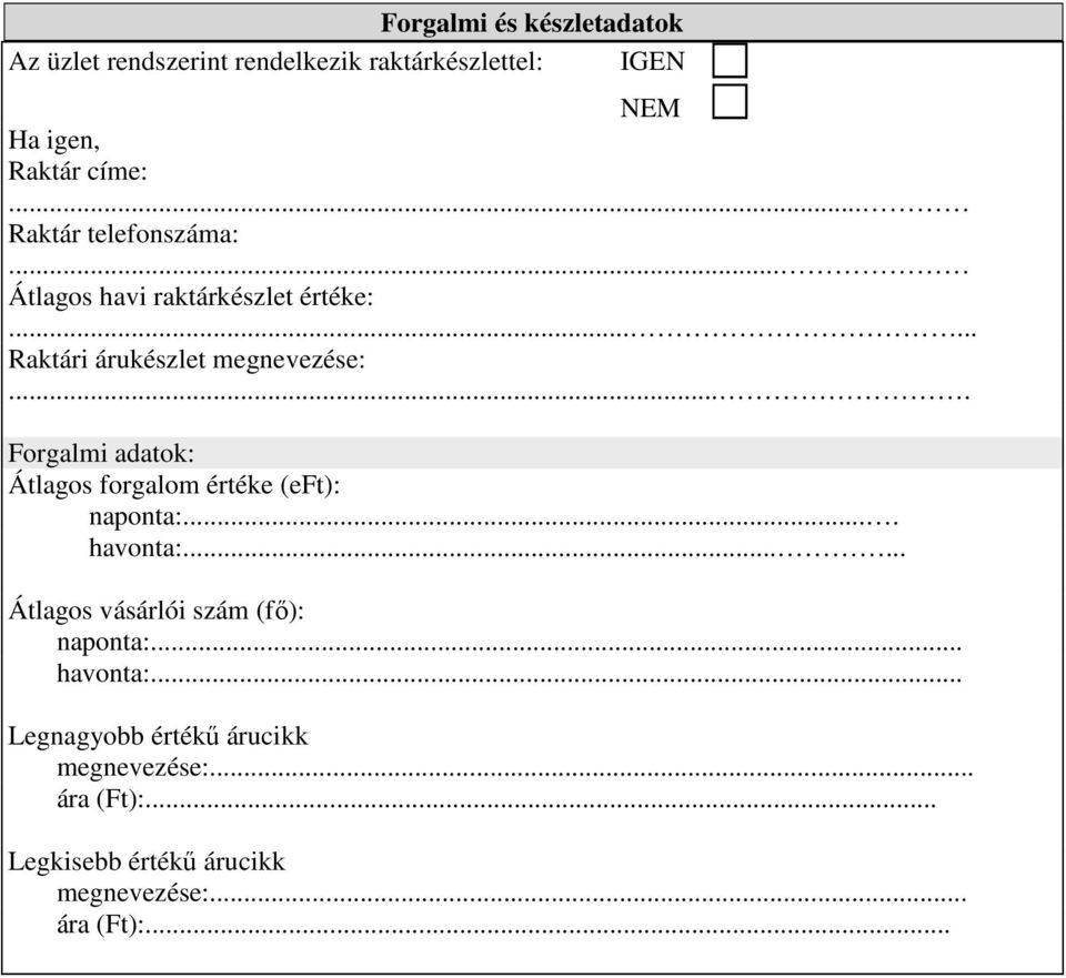 ... Forgalmi adatok: Átlagos forgalom értéke (eft): naponta:.... havonta:...... Átlagos vásárlói szám (fő): naponta:.