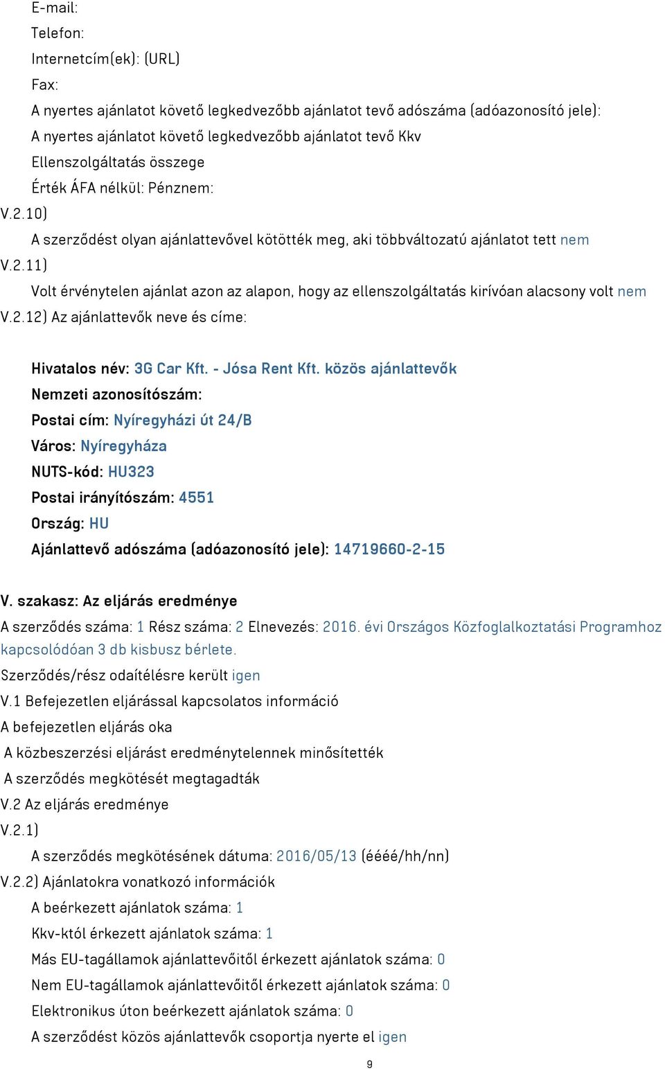 2.12) Az ajánlattevők neve és címe: Hivatalos név: 3G Car Kft. - Jósa Rent Kft.