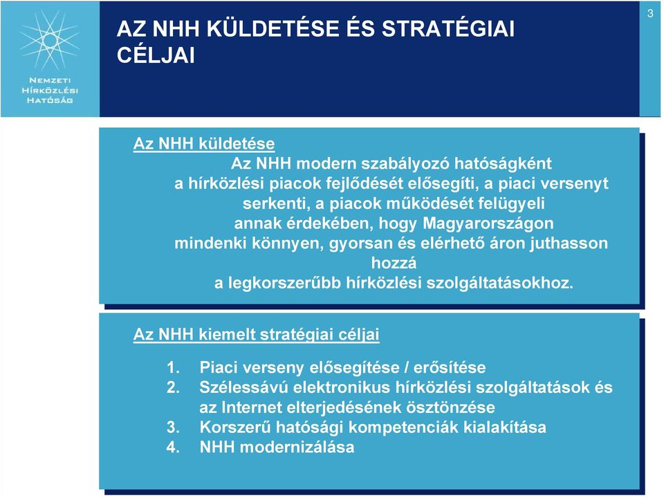 juthasson hozzá a legkorszerűbb hírközlési szolgáltatásokhoz. Az NHH kiemelt stratégiai céljai 1. Piaci verseny elősegítése / erősítése 2.