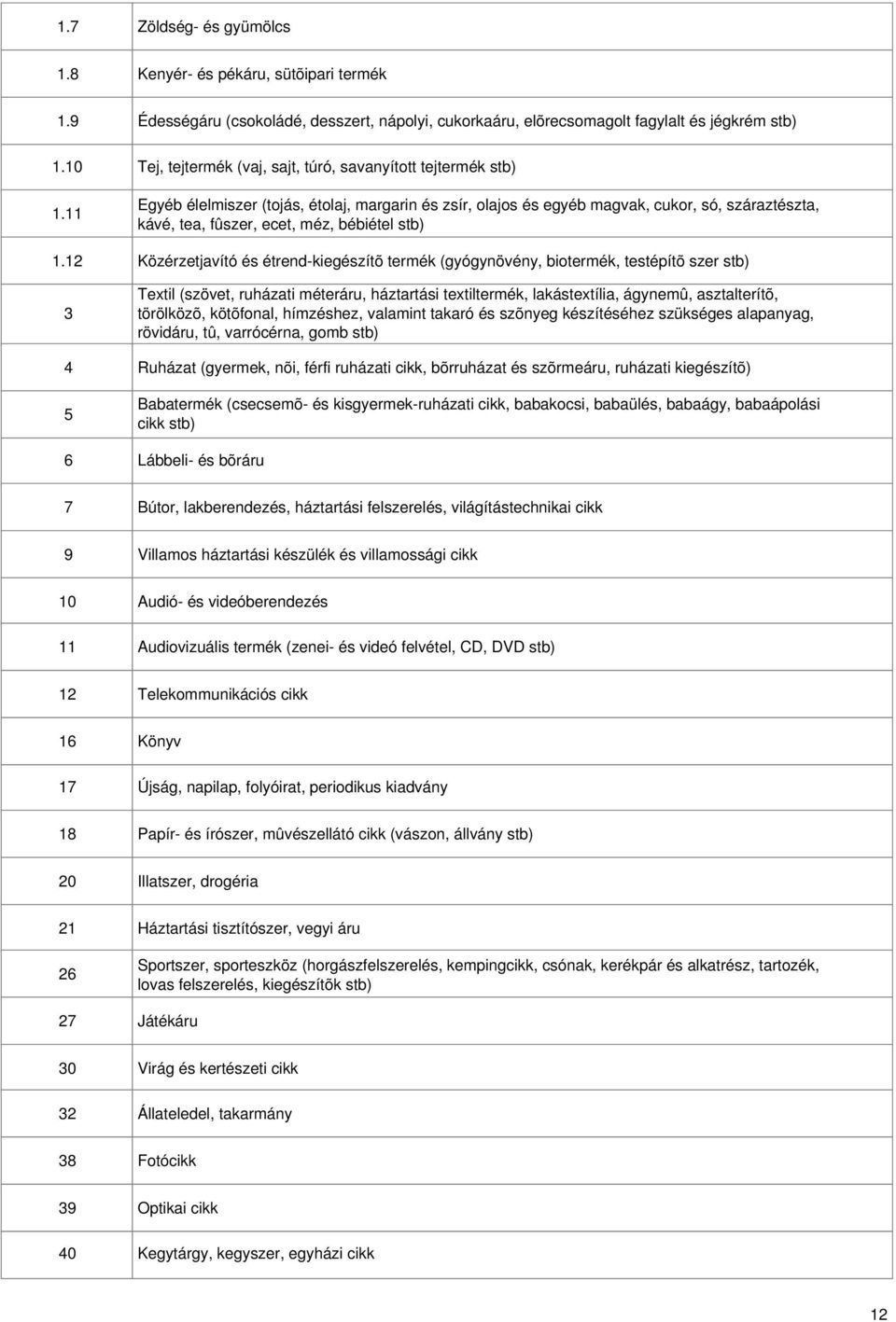 margarin és zsír, olajos és egyéb magvak, cukor, só, száraztészta, kávé, tea, fûszer, ecet, méz, bébiétel stb) Közérzetjavító és étrend-kiegészítõ termék (gyógynövény, biotermék, testépítõ szer stb)