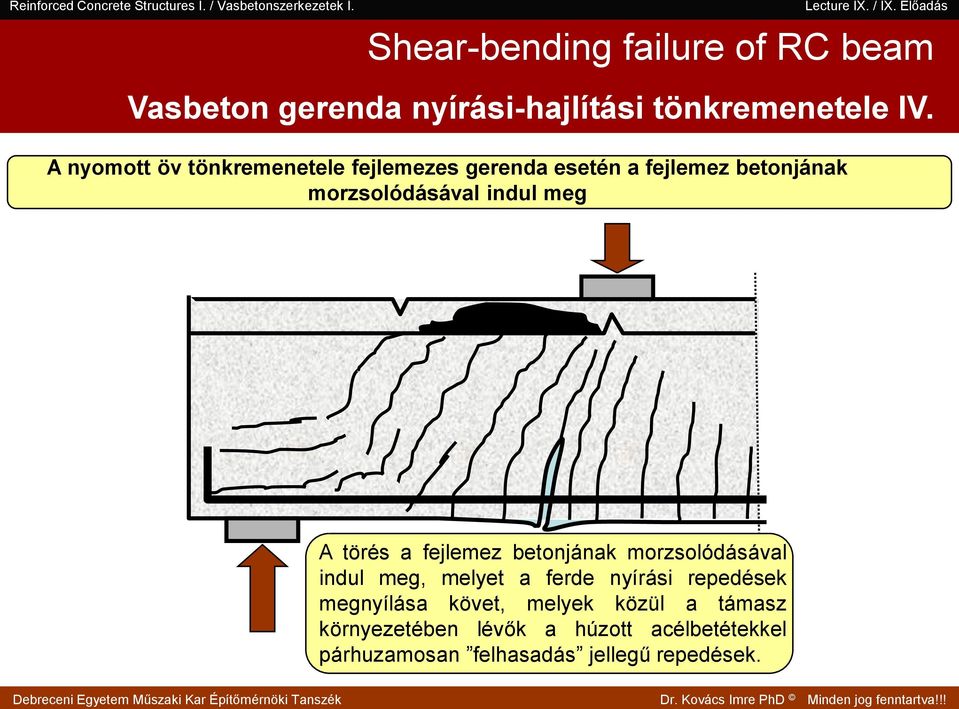A törés a fejlemez betonjának morzsolódásával indul meg, melyet a ferde nyírási repedések megnyílása