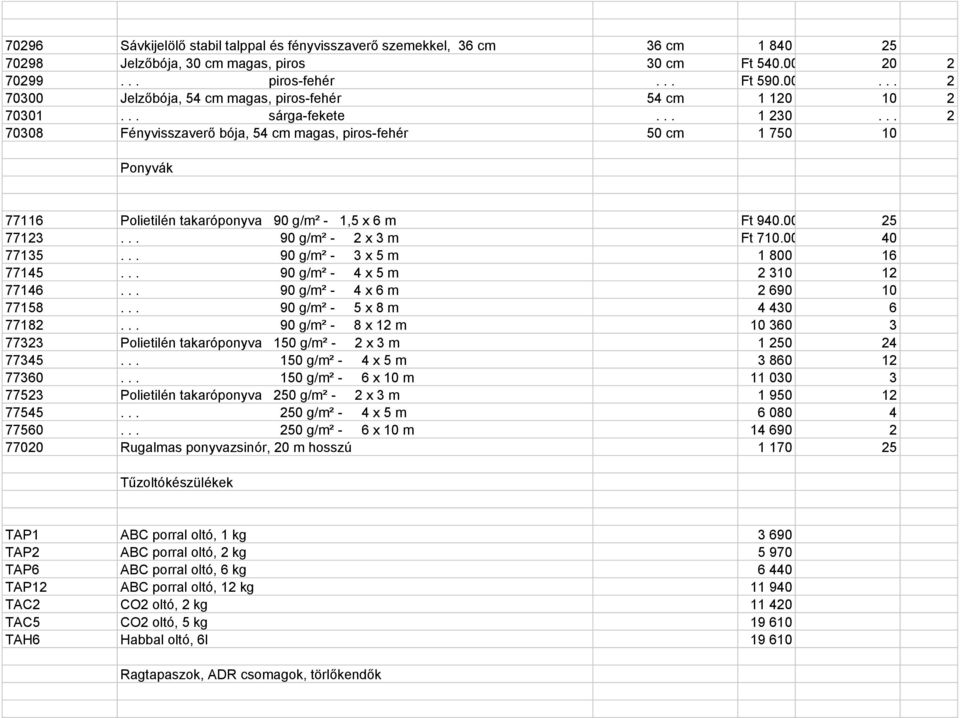 .. 2 70308 Fényvisszaverő bója, 54 cm magas, piros-fehér 50 cm 1 750 10 Ponyvák 77116 Polietilén takaróponyva 90 g/m² - 1,5 x 6 m Ft 940.00 25 77123... 90 g/m² - 2 x 3 m Ft 710.00 40 77135.