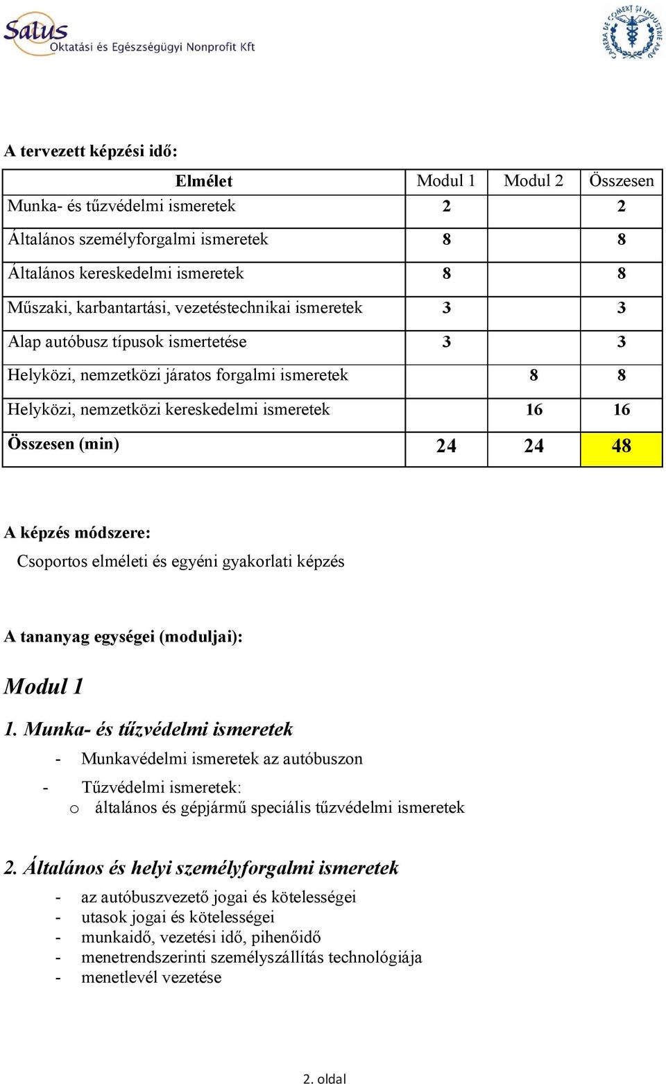 képzés módszere: Csoportos elméleti és egyéni gyakorlati képzés A tananyag egységei (moduljai): Modul 1 1.