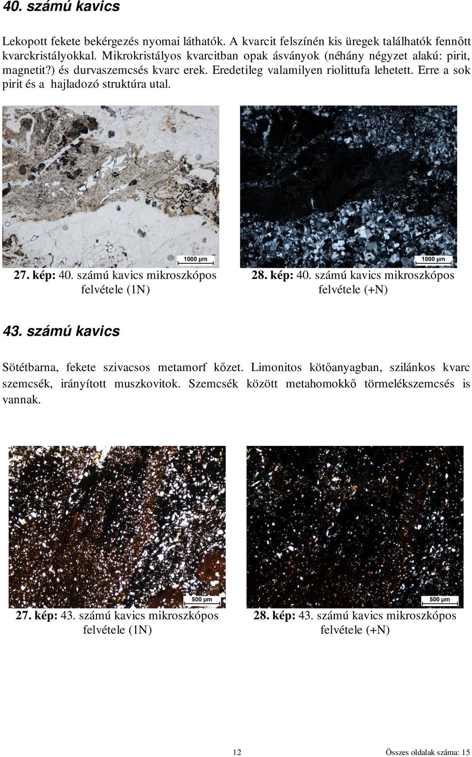 Erre a sok pirit és a hajladozó struktúra utal. 27. kép: 40. számú kavics mikroszkópos felvétele (1N) 28. kép: 40. számú kavics mikroszkópos felvétele (+N) 43.