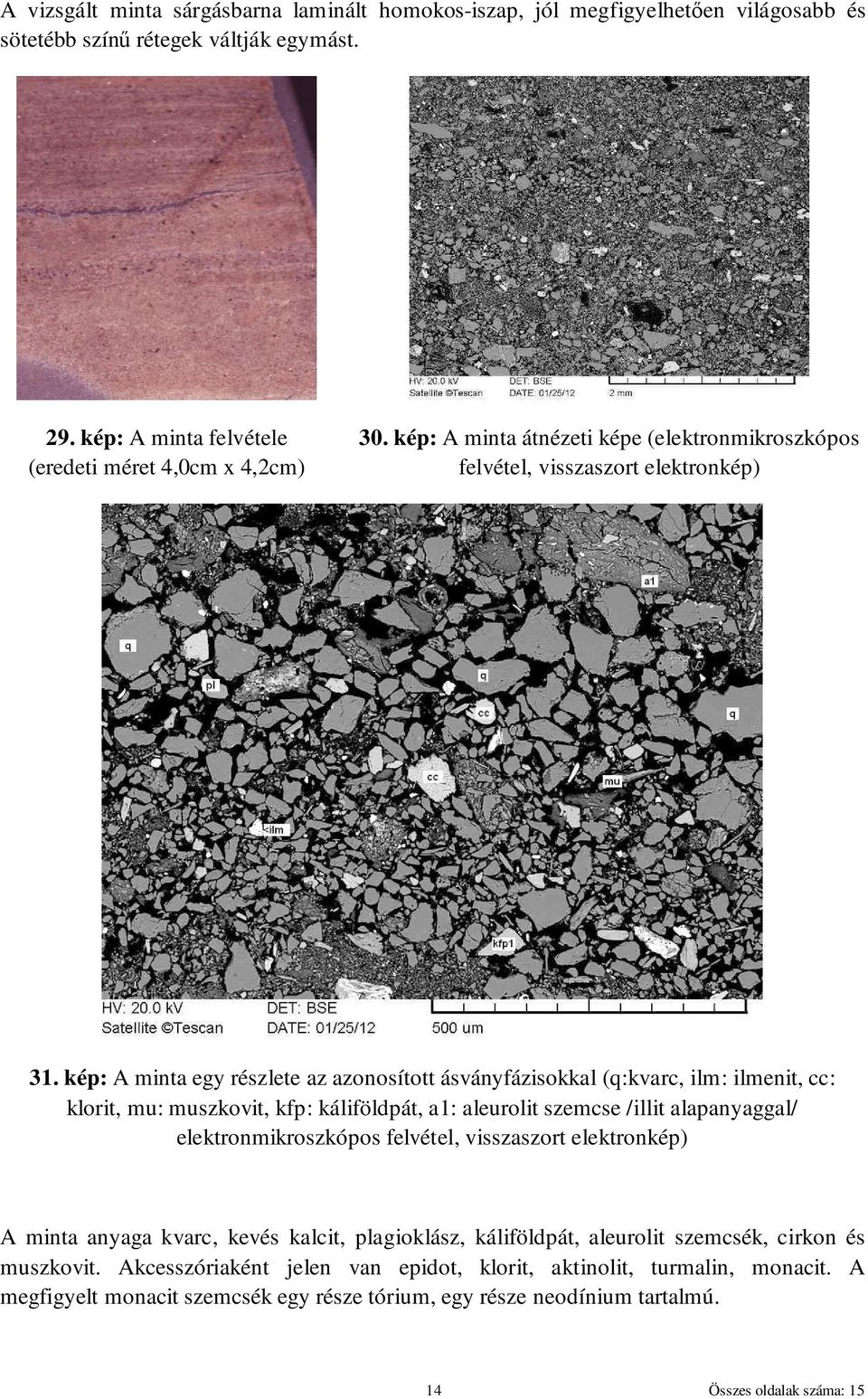 kép: A minta egy részlete az azonosított ásványfázisokkal (q:kvarc, ilm: ilmenit, cc: klorit, mu: muszkovit, kfp: káliföldpát, a1: aleurolit szemcse /illit alapanyaggal/ elektronmikroszkópos