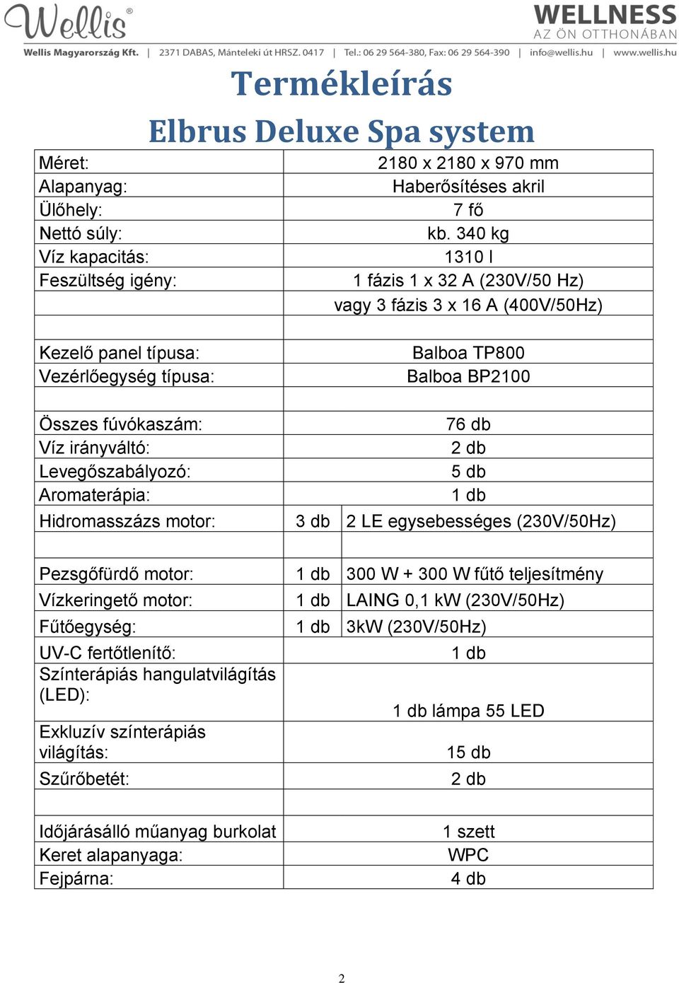 Hidromasszázs motor: Balboa TP800 Balboa BP2100 76 db 2 db 5 db 1 db 3 db 2 LE egysebességes (230V/50Hz) Pezsgőfürdő motor: Vízkeringető motor: Fűtőegység: UV-C fertőtlenítő: Színterápiás