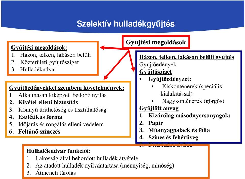 Feltűnő színezés Szelektív hulladékgyűjtés Gyűjtési megoldások Hulladékudvar funkciói: 1. Lakosság által behordott hulladék átvétele 2. Az átadott hulladék nyilvántartása (mennyiség, minőség) 3.