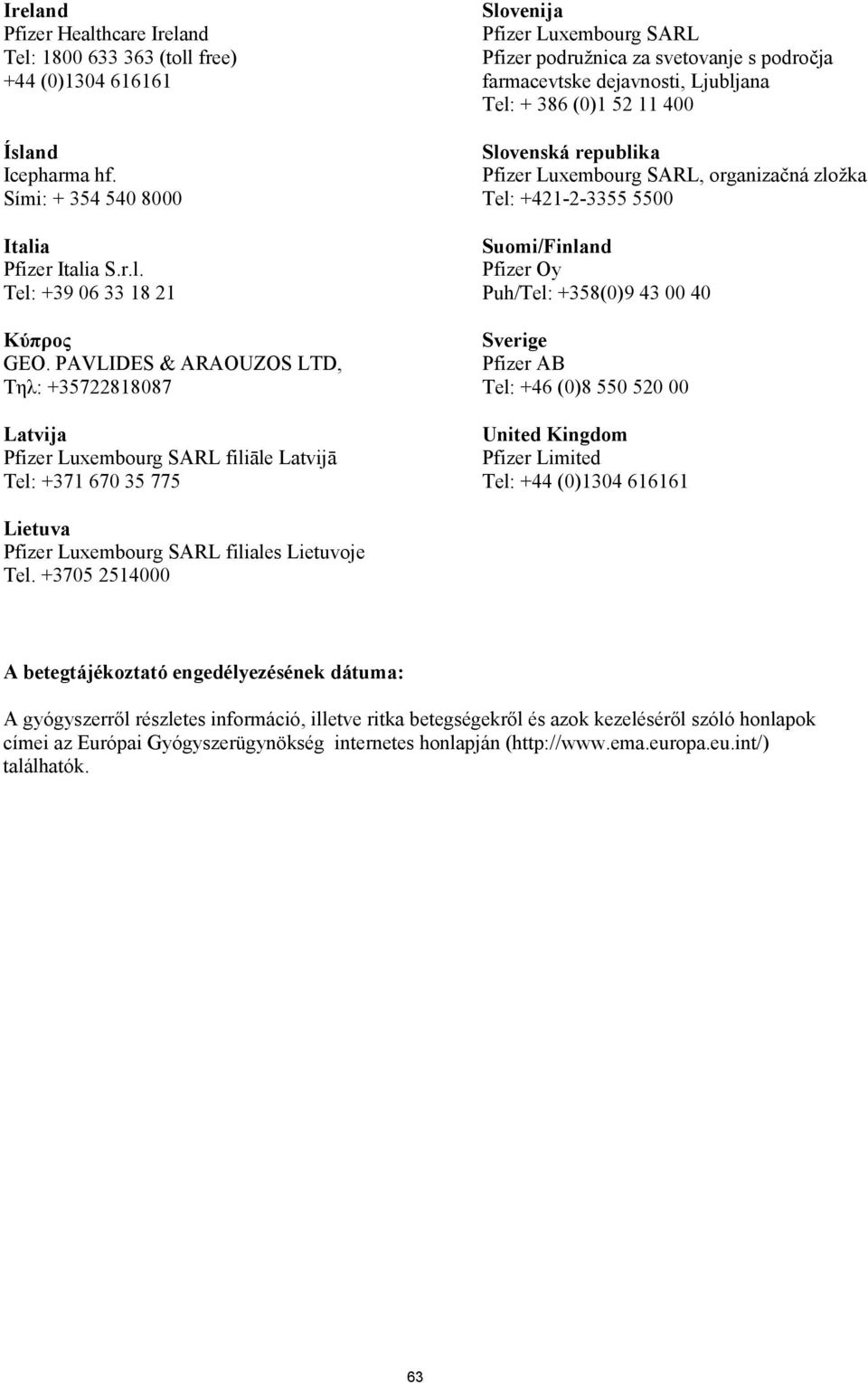 dejavnosti, Ljubljana Tel: + 386 (0)1 52 11 400 Slovenská republika Pfizer Luxembourg SARL, organizačná zložka Tel: +421-2-3355 5500 Suomi/Finland Pfizer Oy Puh/Tel: +358(0)9 43 00 40 Sverige Pfizer