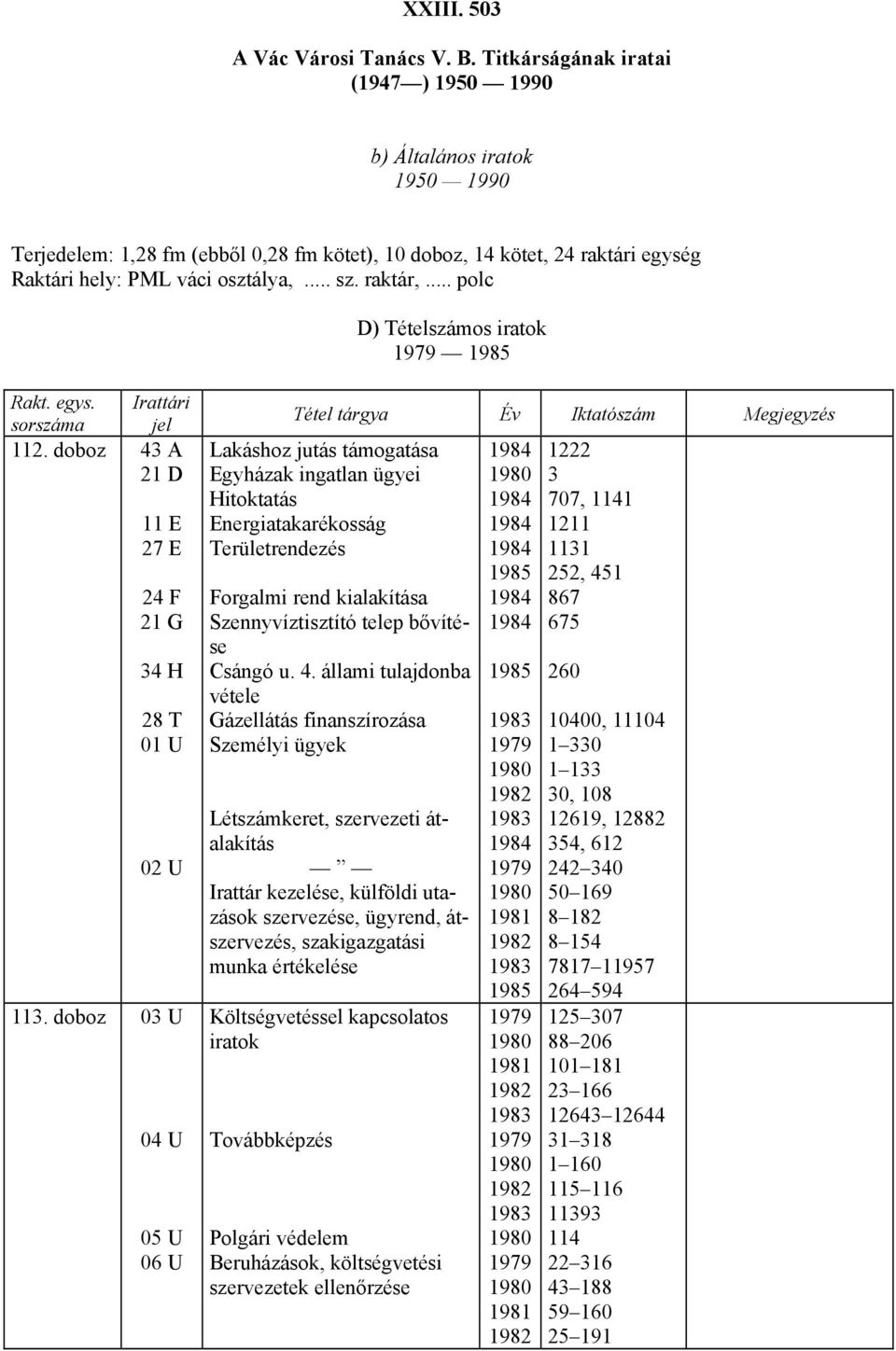 .. polc D) Tételszámos iratok 979 985 Irattári jel 2. doboz 43 A 2 D E 27 E 24 F 2 G 34 H 28 T 0 U 02 U 3.