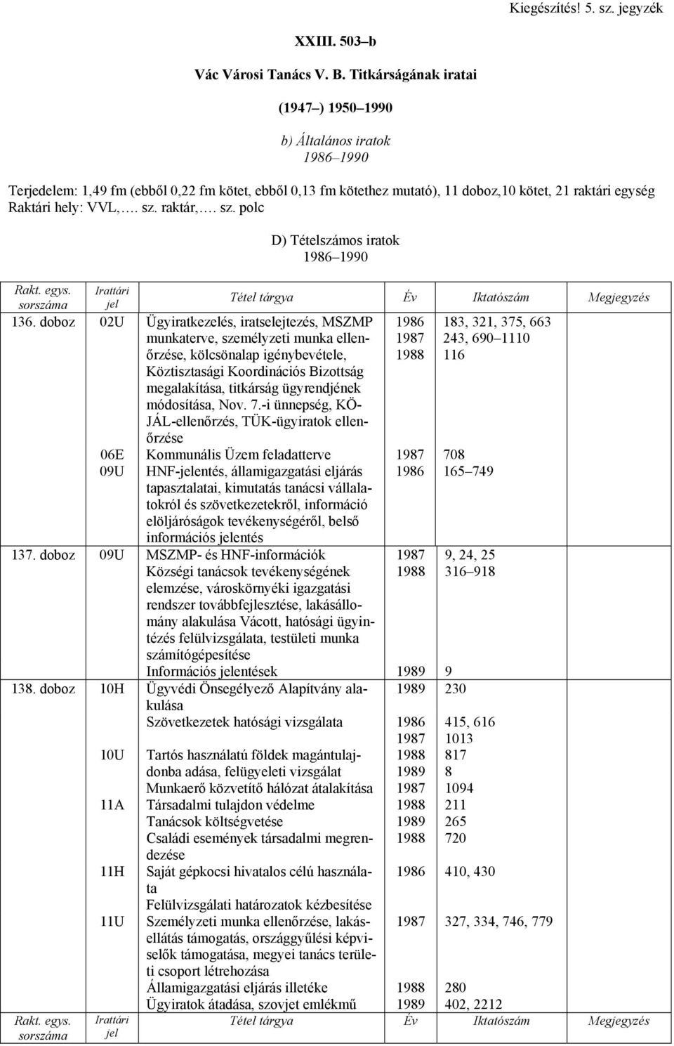 raktár,. sz. polc D) Tételszámos iratok 986990 Irattári jel 36.