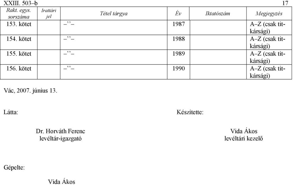 kötet 990 AZ (csak titkársági) Vác, 2007. június 3.