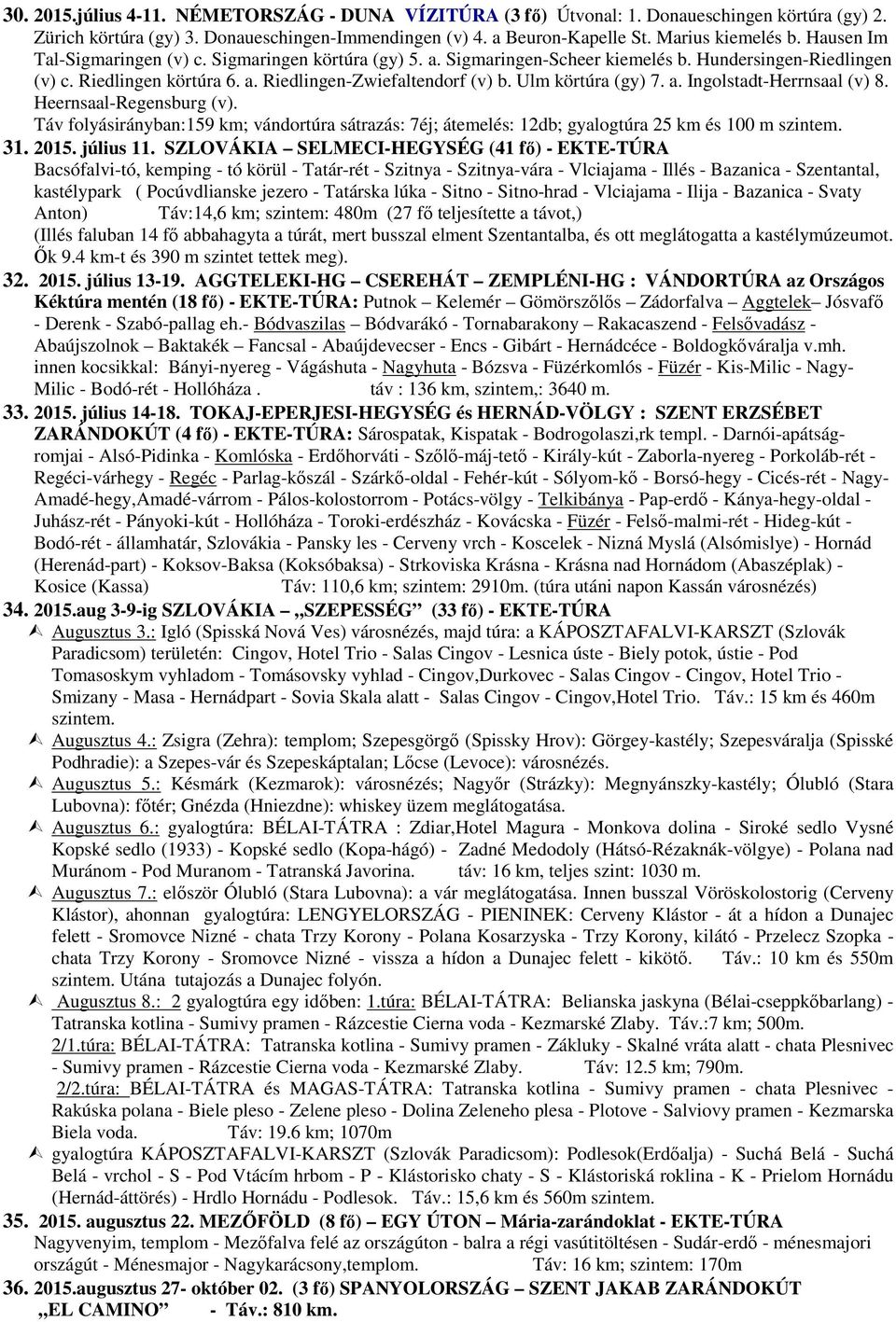 Ulm körtúra (gy) 7. a. Ingolstadt-Herrnsaal (v) 8. Heernsaal-Regensburg (v). Táv folyásirányban:159 km; vándortúra sátrazás: 7éj; átemelés: 12db; gyalogtúra 25 km és 100 m szintem. 31. 2015.