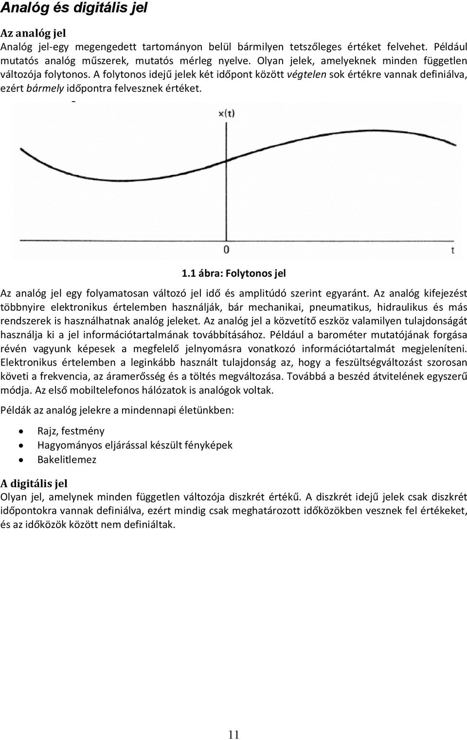 1 ábra: Folytonos jel Az analóg jel egy folyamatosan változó jel idő és amplitúdó szerint egyaránt.