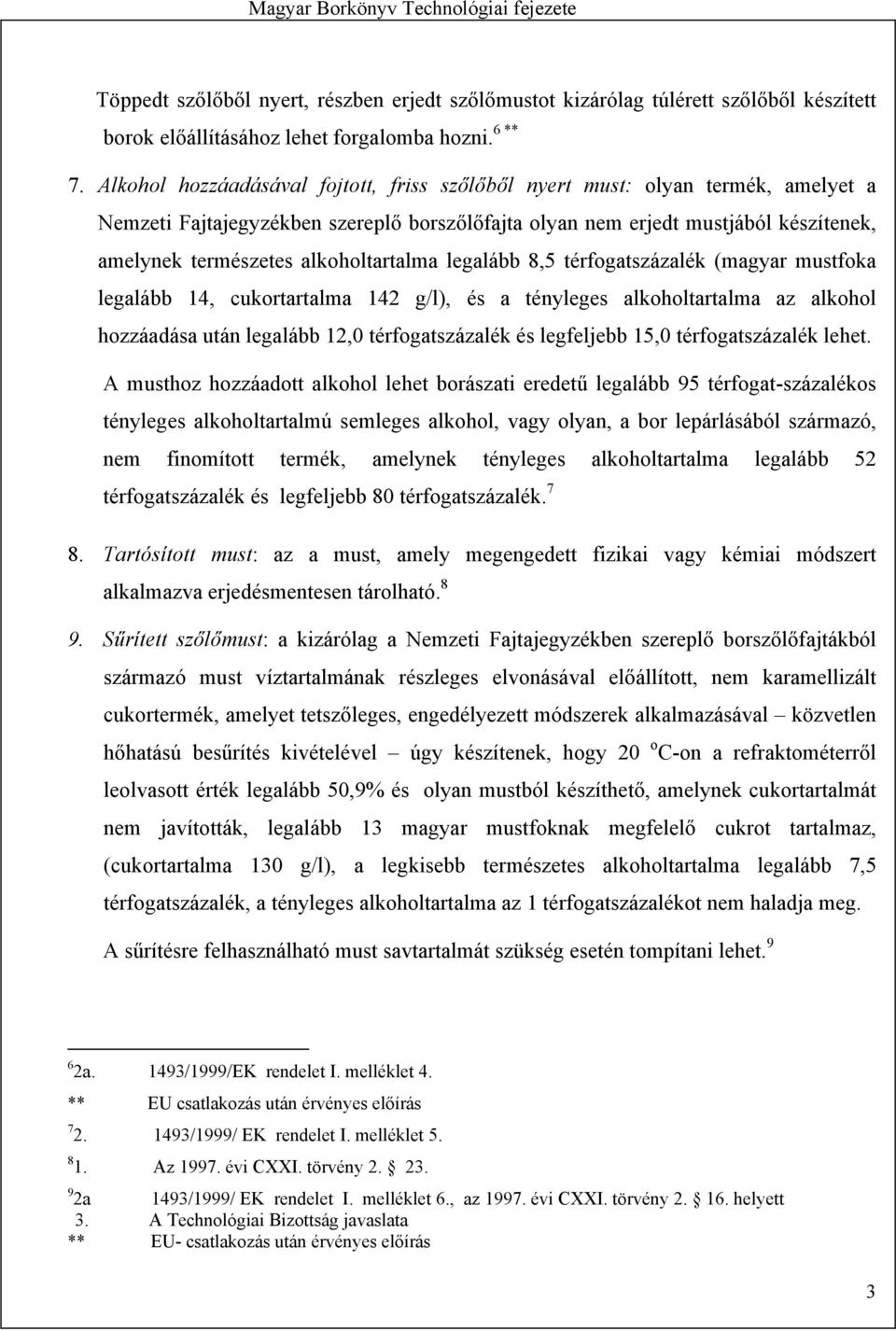 alkoholtartalma legalább 8,5 térfogatszázalék (magyar mustfoka legalább 14, cukortartalma 142 g/l), és a tényleges alkoholtartalma az alkohol hozzáadása után legalább 12,0 térfogatszázalék és