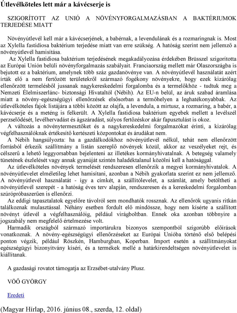 Az Xylella fastidiosa baktérium terjedésének megakadályozása érdekében Brüsszel szigorította az Európai Unión belüli növényforgalmazás szabályait.