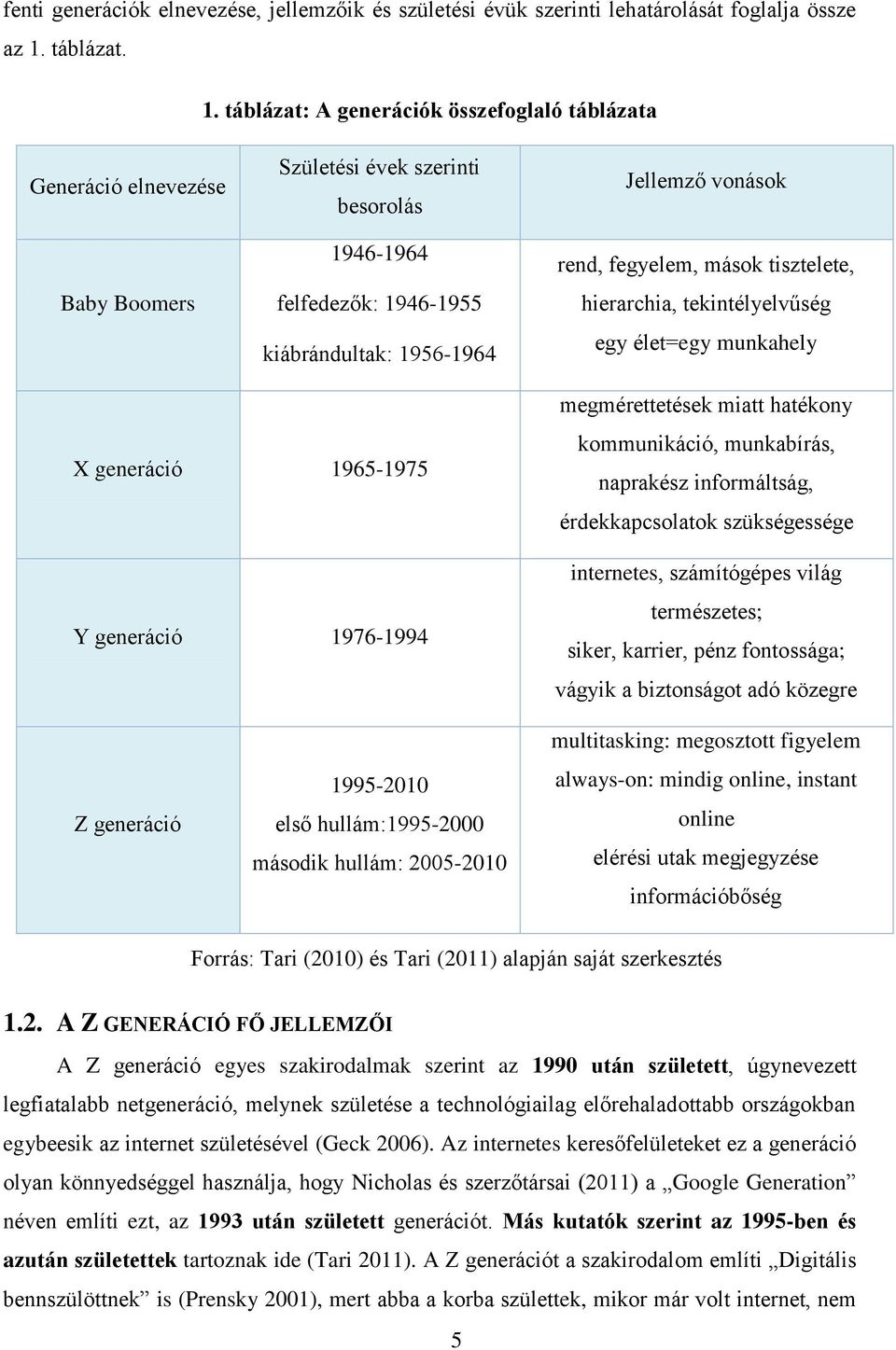 táblázat: A generációk összefoglaló táblázata Generáció elnevezése Baby Boomers Születési évek szerinti besorolás 1946-1964 felfedezők: 1946-1955 kiábrándultak: 1956-1964 Jellemző vonások rend,