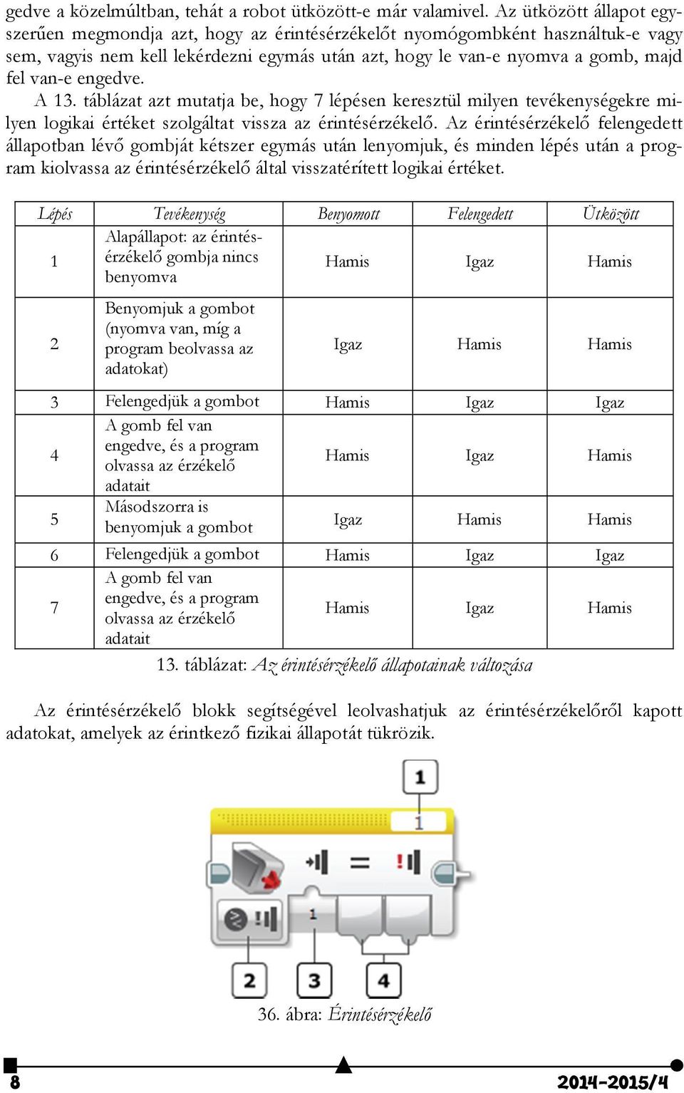 engedve. A 13. táblázat azt mutatja be, hogy 7 lépésen keresztül milyen tevékenységekre milyen logikai értéket szolgáltat vissza az érintésérzékelő.