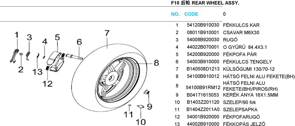 1 5 54200B920000 FÉKPOFA PÁR 6 54003B910000 FÉKKULCS TENGELY 7 B140508D1213 KÜLSŐGUMI 130/70-12 8 54100B910012 HÁTSÓ