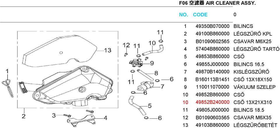 LÉGSZŰRŐ TARTÓ 5 49853B860000 CSŐ 6 49855J000000 BILINCS 16.
