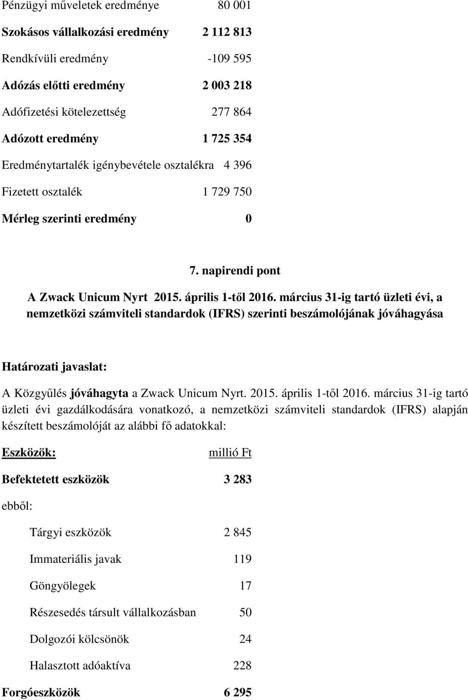 március 31-ig tartó üzleti évi, a nemzetközi számviteli standardok (IFRS) szerinti beszámolójának jóváhagyása Határozati javaslat: A Közgylés jóváhagyta a Zwack Unicum Nyrt. 2015. április 1-tl 2016.