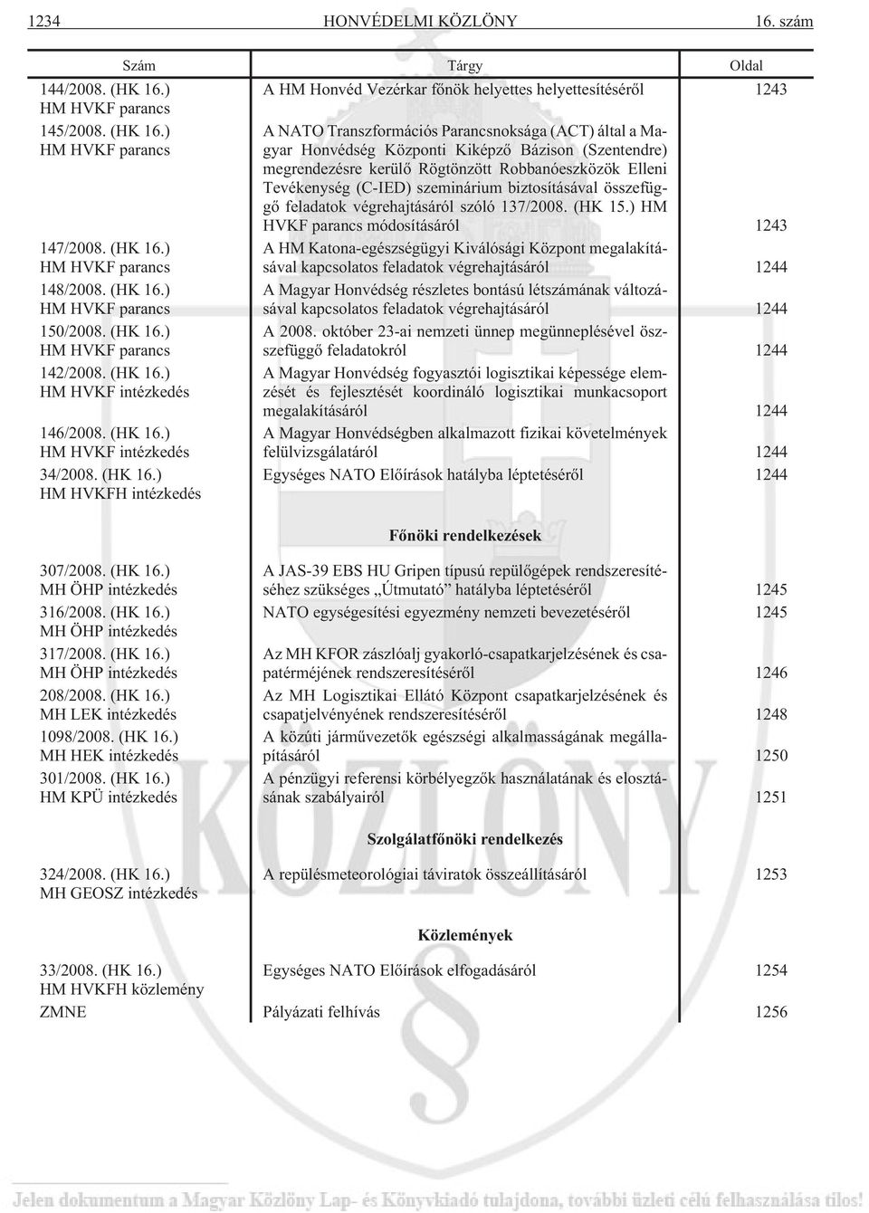 ) HM HVKF parancs A NATO Transzformációs Parancsnoksága (ACT) által a Magyar Honvédség Központi Kiképzõ Bázison (Szentendre) megrendezésre kerülõ Rögtönzött Robbanóeszközök Elleni Tevékenység (C-IED)