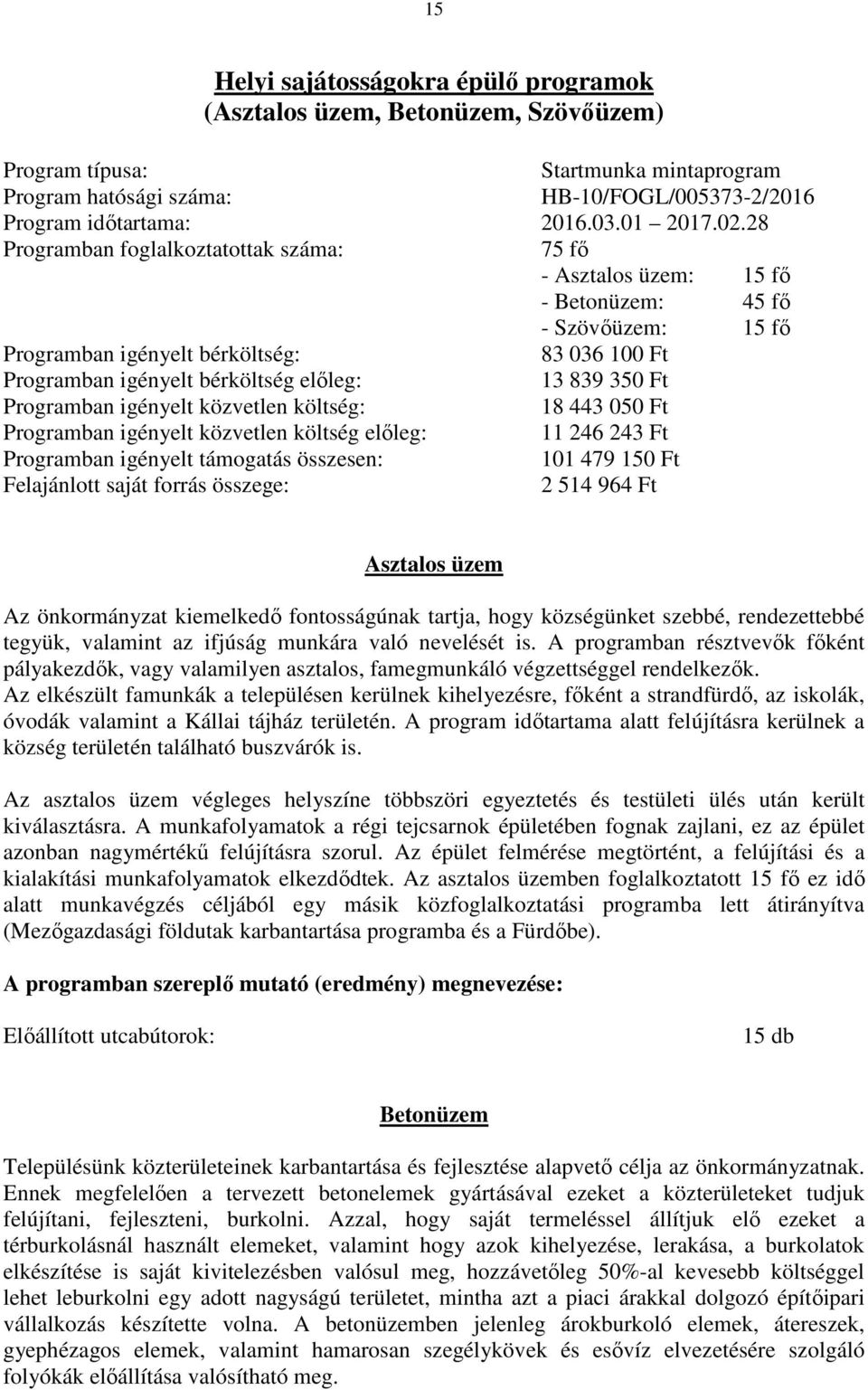 28 Programban foglalkoztatottak száma: 75 fő - Asztalos üzem: 15 fő - Betonüzem: 45 fő - Szövőüzem: 15 fő Programban igényelt bérköltség: 83 036 100 Ft Programban igényelt bérköltség előleg: 13 839