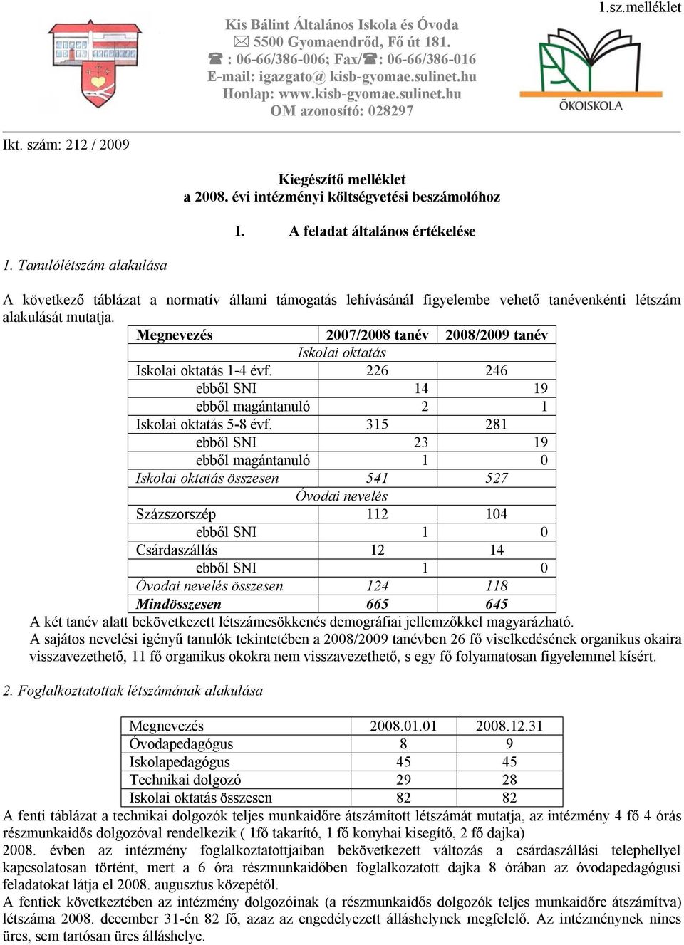 Tanulólétszám alakulása A következő táblázat a normatív állami támogatás lehívásánál figyelembe vehető tanévenkénti létszám alakulását mutatja.