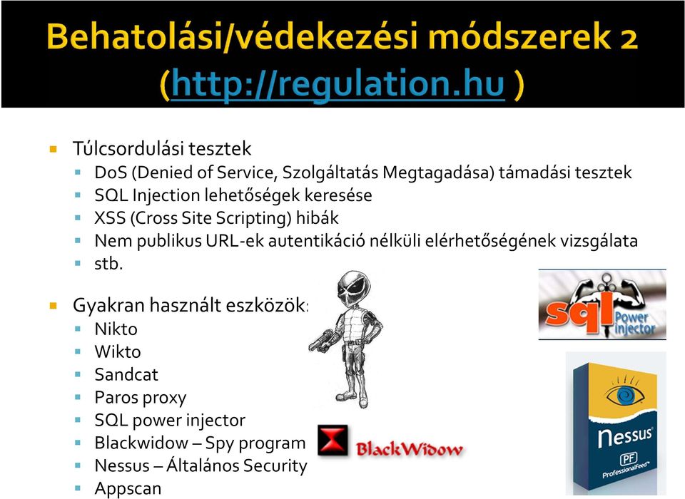 autentikáció nélküli elérhetőségének vizsgálata stb.