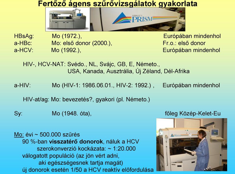 , HIV-2: 1992.), Európában mindenhol HIV-at/ag: Mo: bevezetés?, gyakori (pl. Németo.) Sy: Mo (1948. óta), főleg Közép-Kelet-Eu Mo: évi ~ 500.