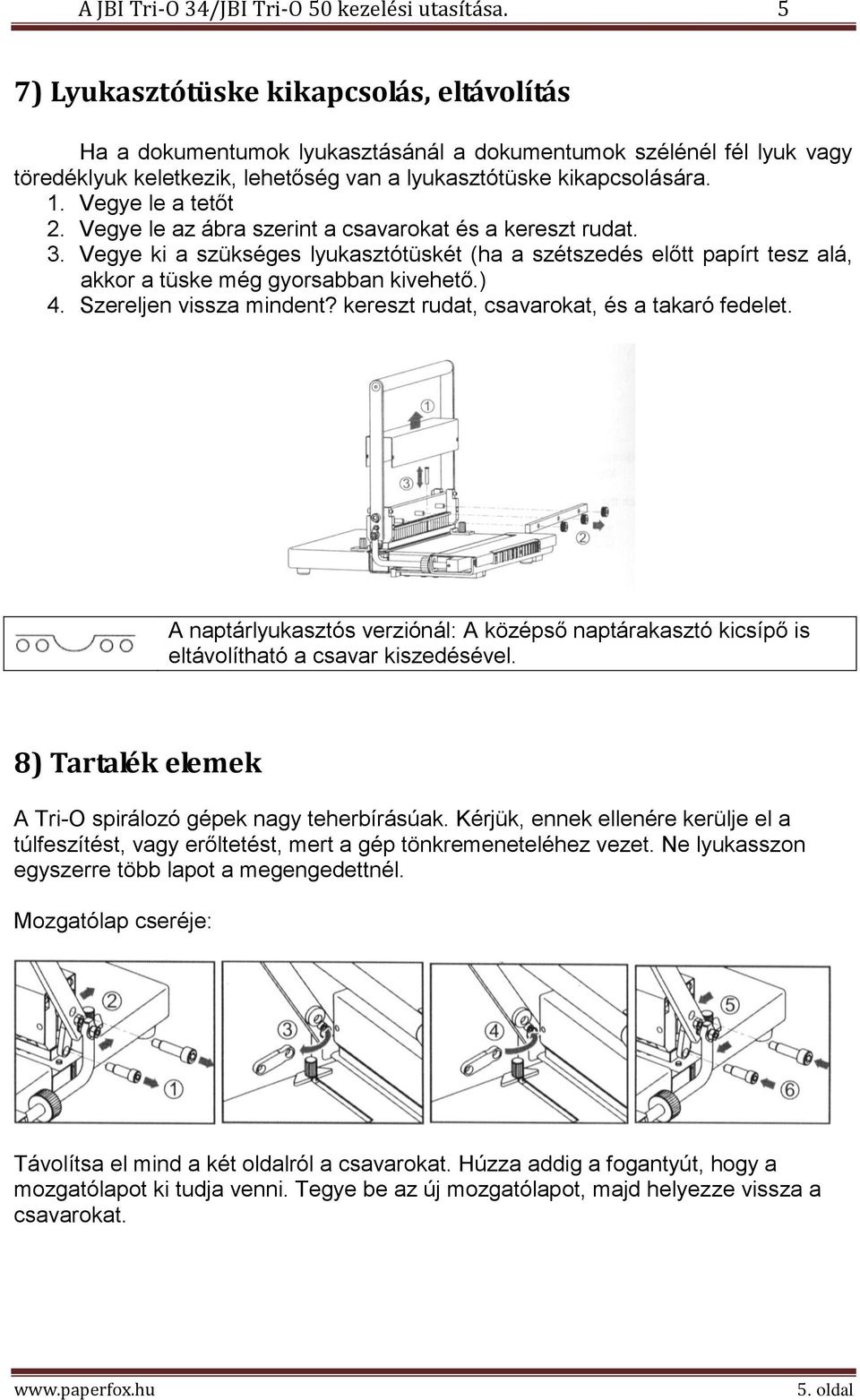 Vegye le a tetőt 2. Vegye le az ábra szerint a csavarokat és a kereszt rudat. 3. Vegye ki a szükséges lyukasztótüskét (ha a szétszedés előtt papírt tesz alá, akkor a tüske még gyorsabban kivehető.) 4.