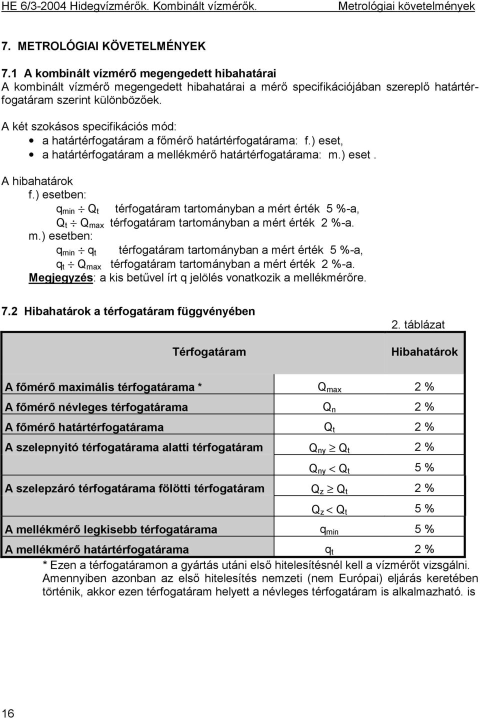 A két szokásos specifikációs mód: a határtérfogatáram a főmérő határtérfogatárama: f.) eset, a határtérfogatáram a mellékmérő határtérfogatárama: m.) eset. A hibahatárok f.