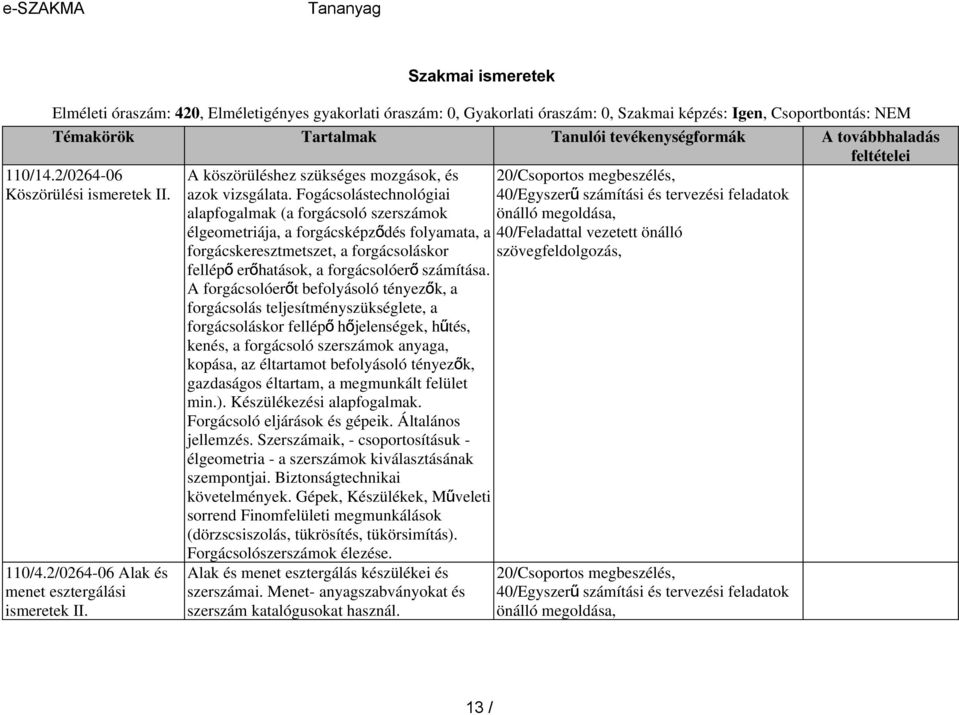 Fogácsolástechnológiai 40/Egyszer ű számítási és tervezési feladatok alapfogalmak (a forgácsoló szerszámok önálló megoldása, élgeometriája, a forgácsképző dés folyamata, a 40/Feladattal vezetett