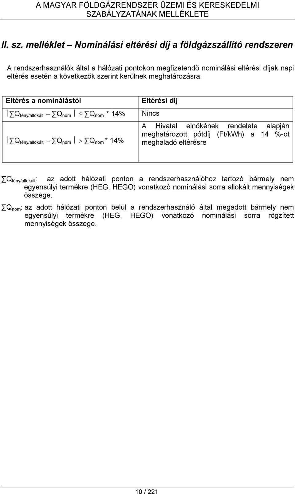 kerülnek meghatározásra: Eltérés a nominálástól Q tény/allokált Q nom Q nom * 14% Q tény/allokált Q nom Q nom * 14% Eltérési díj Nincs A Hivatal elnökének rendelete alapján meghatározott pótdíj