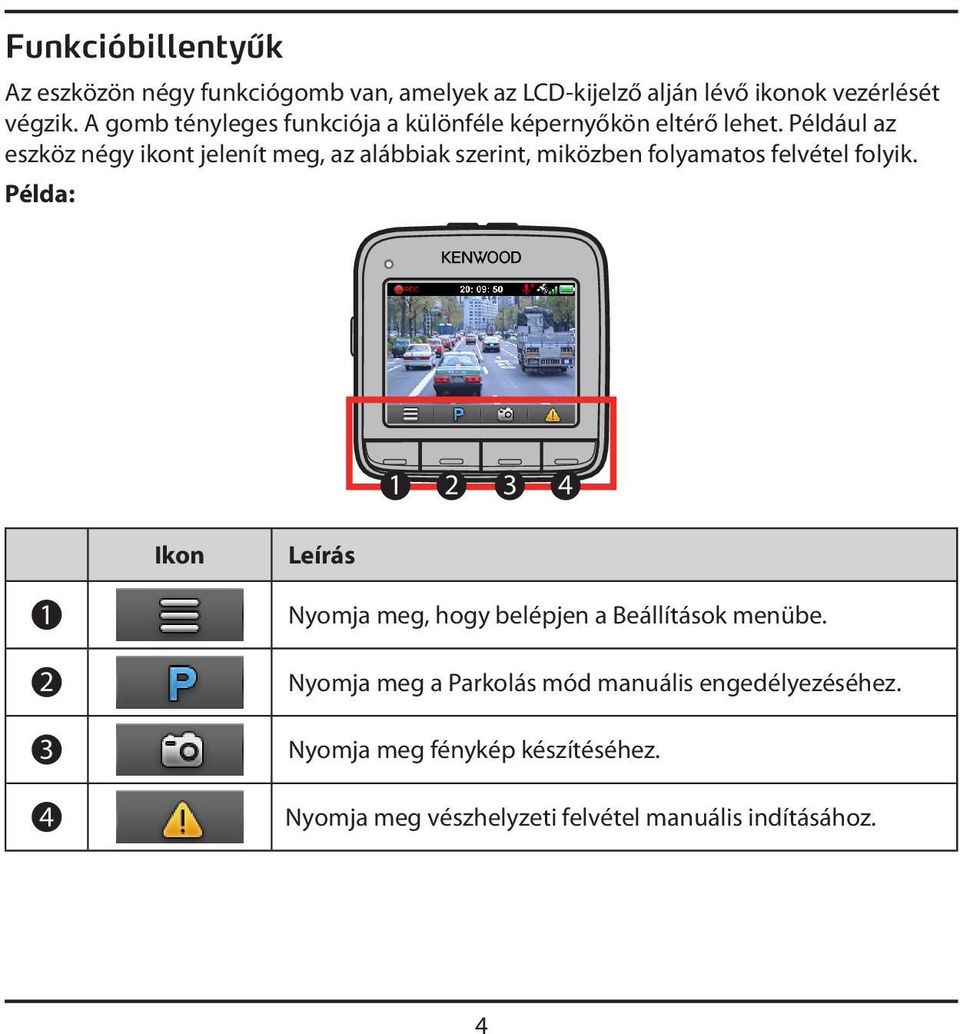 Például az eszköz négy ikont jelenít meg, az alábbiak szerint, miközben folyamatos felvétel folyik.