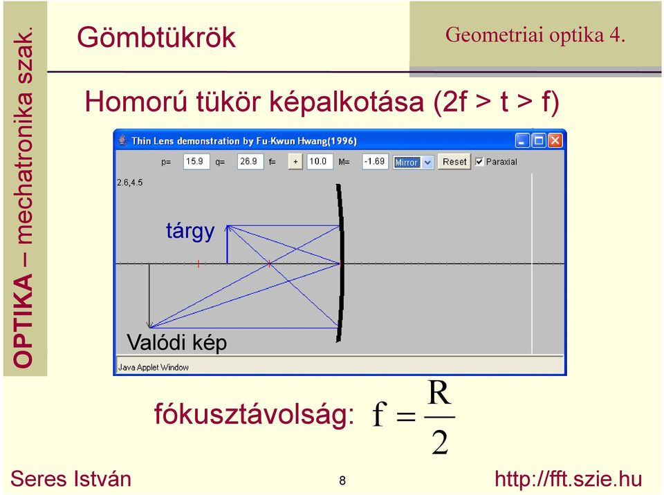 Valódi kép fókusztávolság: f =