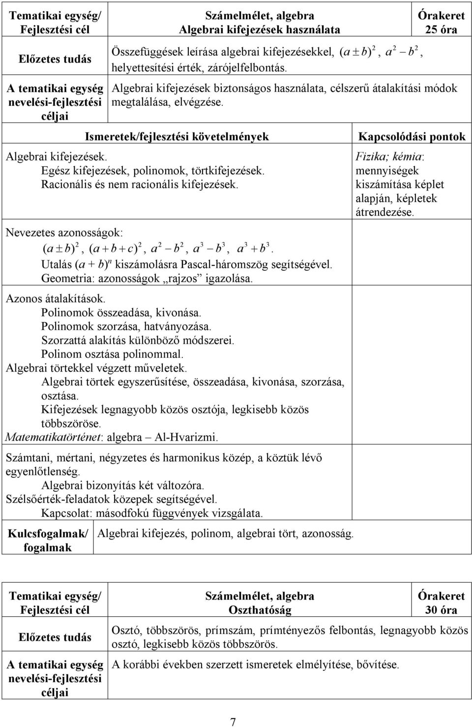 Racionális és nem racionális kifejezések. Nevezetes azonosságok: 2 2 2 2 3 3 3 3 ( a b), ( a b c), a b, a b, a b. Utalás (a + b) n kiszámolásra Pascal-háromszög segítségével.