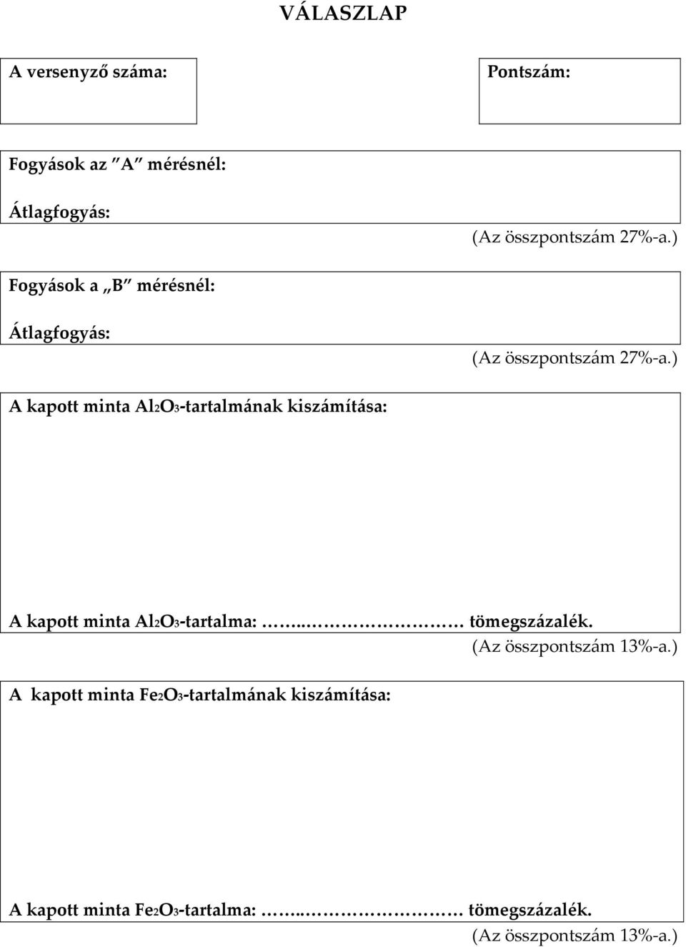 ) A kapott minta Al2O3-tartalmának kiszámítása: A kapott minta Al2O3-tartalma:.. tömegszázalék.