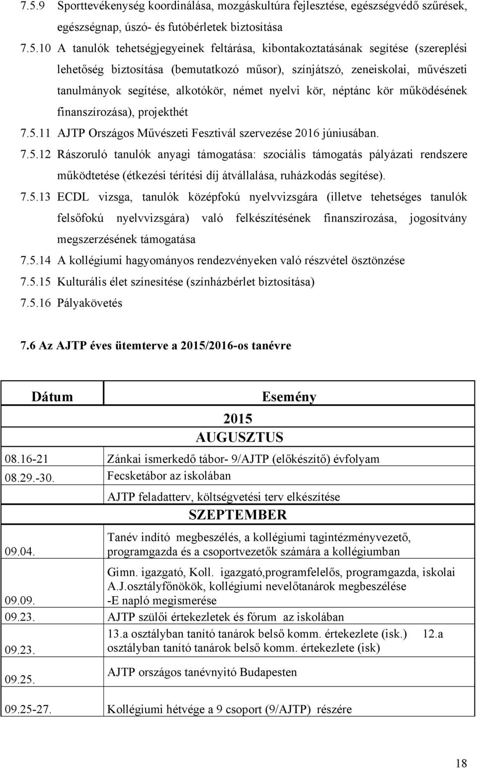 projekthét 7.5.11 AJTP Országos Művészeti Fesztivál szervezése 2016 júniusában. 7.5.12 Rászoruló anyagi támogatása: szociális támogatás pályázati rendszere működtetése (étkezési térítési díj átvállalása, ruházkodás segítése).