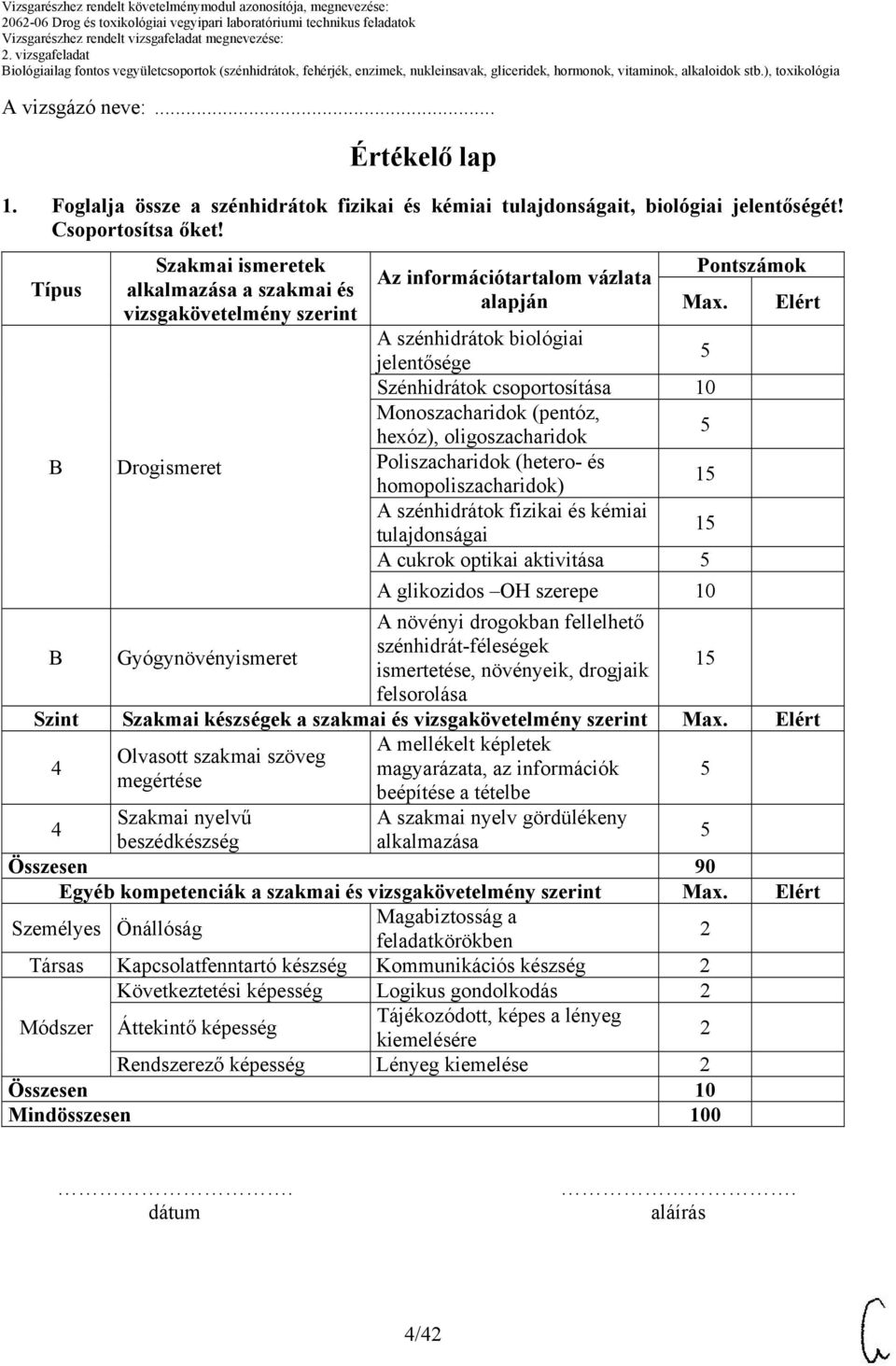 Elért A szénhidrátok biológiai jelentősége 5 Szénhidrátok csoportosítása Monoszacharidok (pentóz, hexóz), oligoszacharidok 5 B Drogismeret Poliszacharidok (hetero- és homopoliszacharidok) 15 A