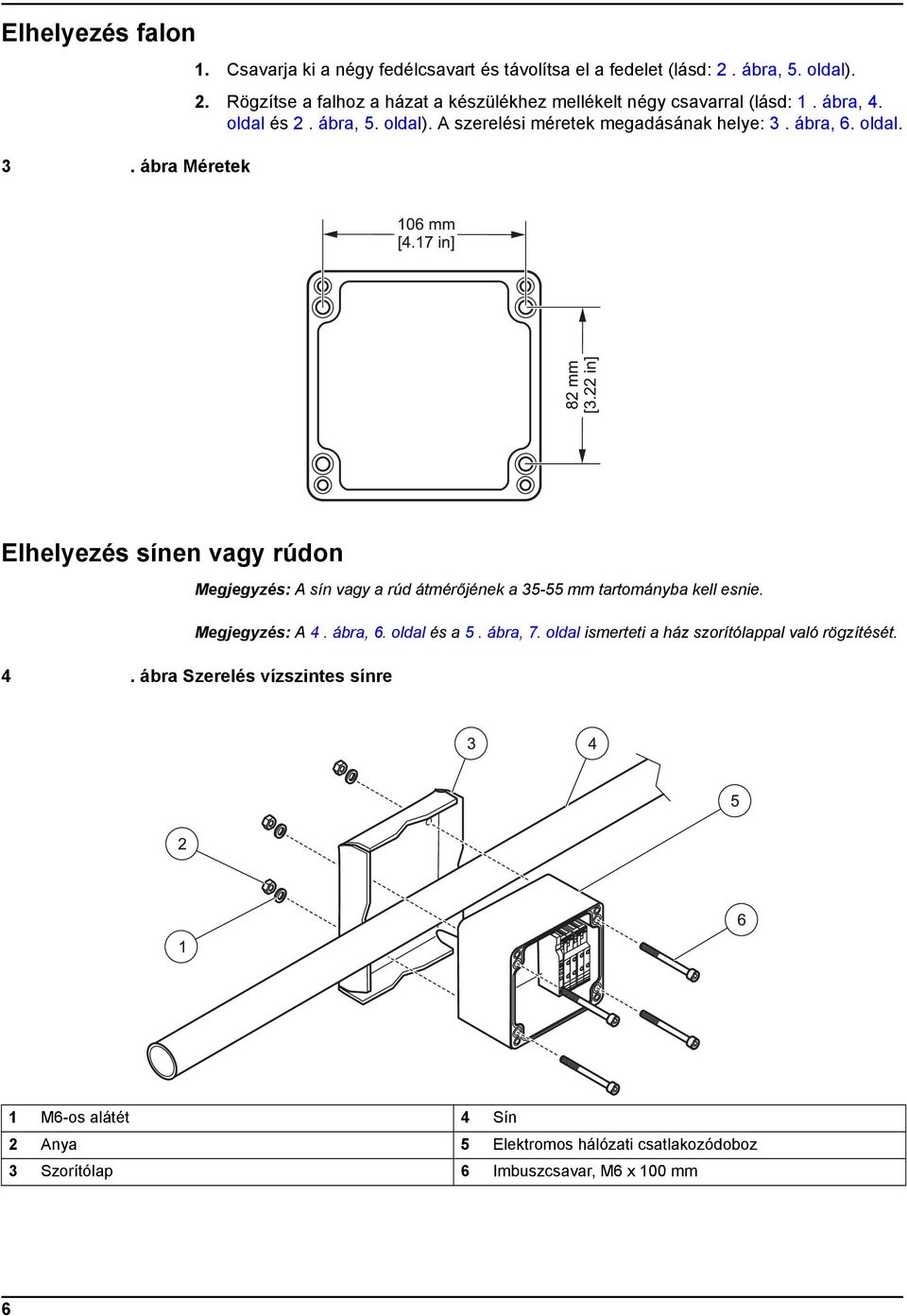 ábra, 6. oldal. Elhelyezés sínen vagy rúdon Megjegyzés: A sín vagy a rúd átmérőjének a 35-55 mm tartományba kell esnie. Megjegyzés: A 4. ábra, 6. oldal és a 5.