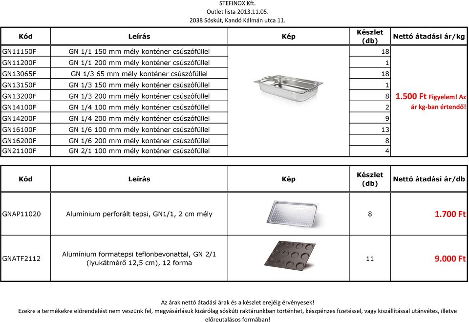 konténer csúszófüllel 9 GN16100F GN 1/6 100 mm mély konténer csúszófüllel 13 GN16200F GN 1/6 200 mm mély konténer csúszófüllel 8 GN21100F GN 2/1 100 mm mély konténer