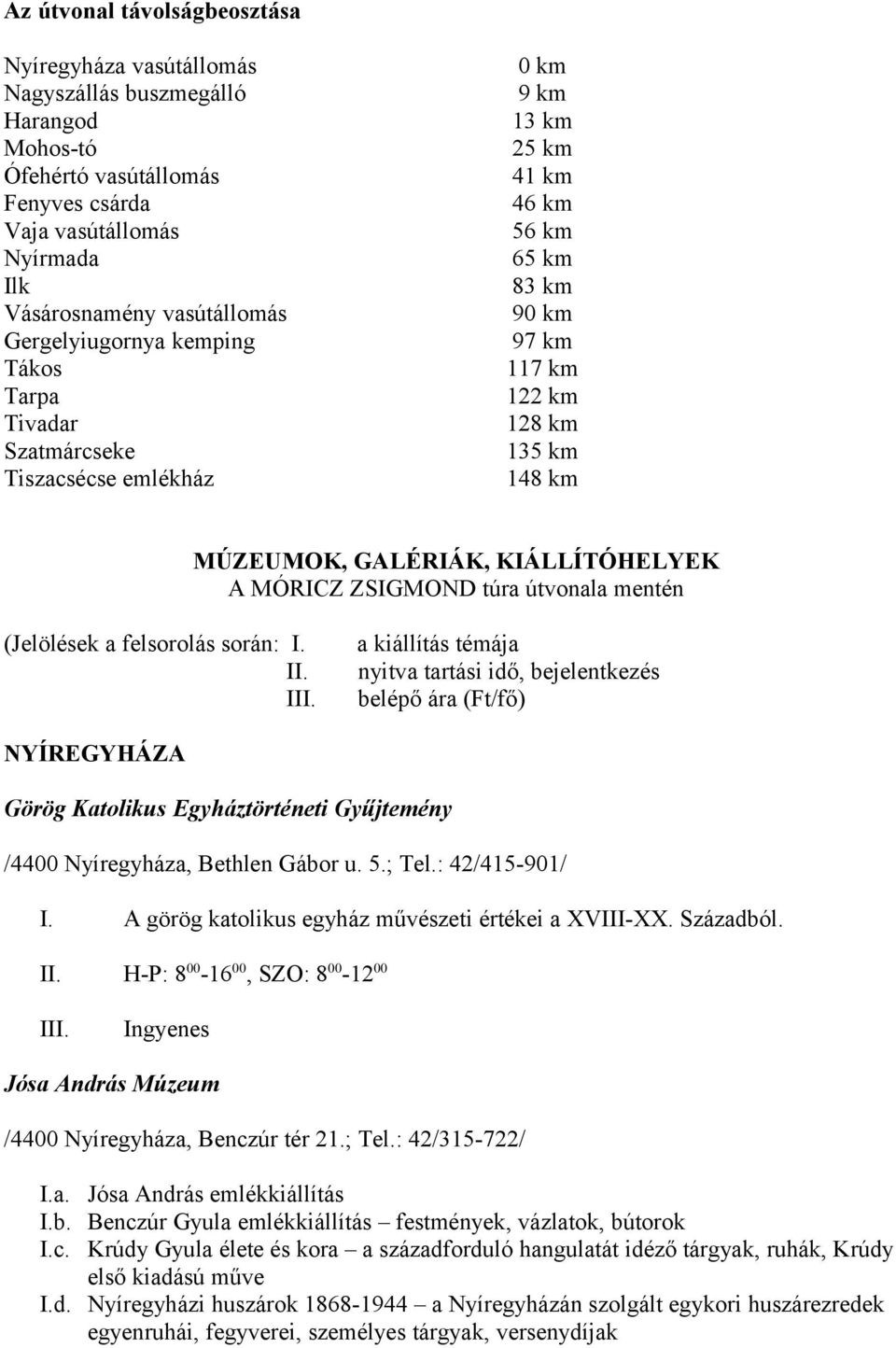 KIÁLLÍTÓHELYEK A MÓRICZ ZSIGMOND túra útvonala mentén (Jelölések a felsorolás során: I. II.